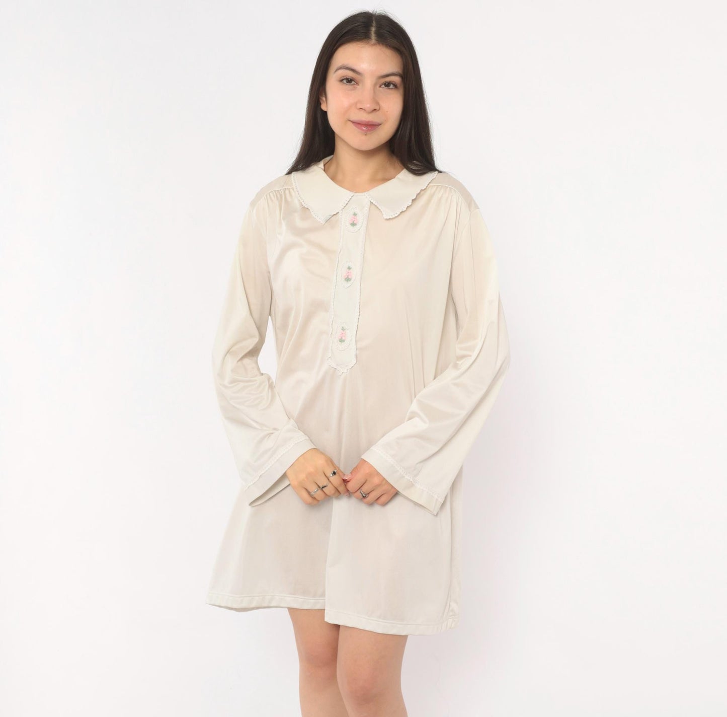 80s Embroidered Floral Nightgown Cream Peter Pan Collar Lace Trim Large L