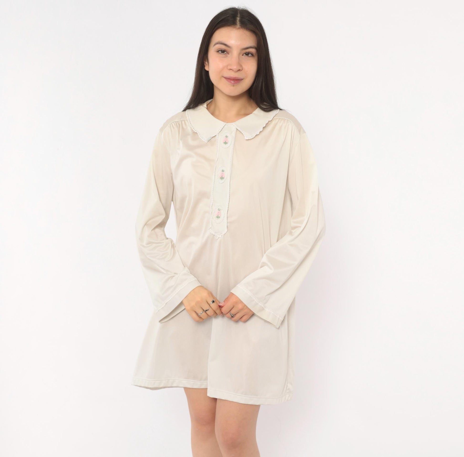 80s Embroidered Floral Nightgown Cream Peter Pan Collar Lace Trim Large L