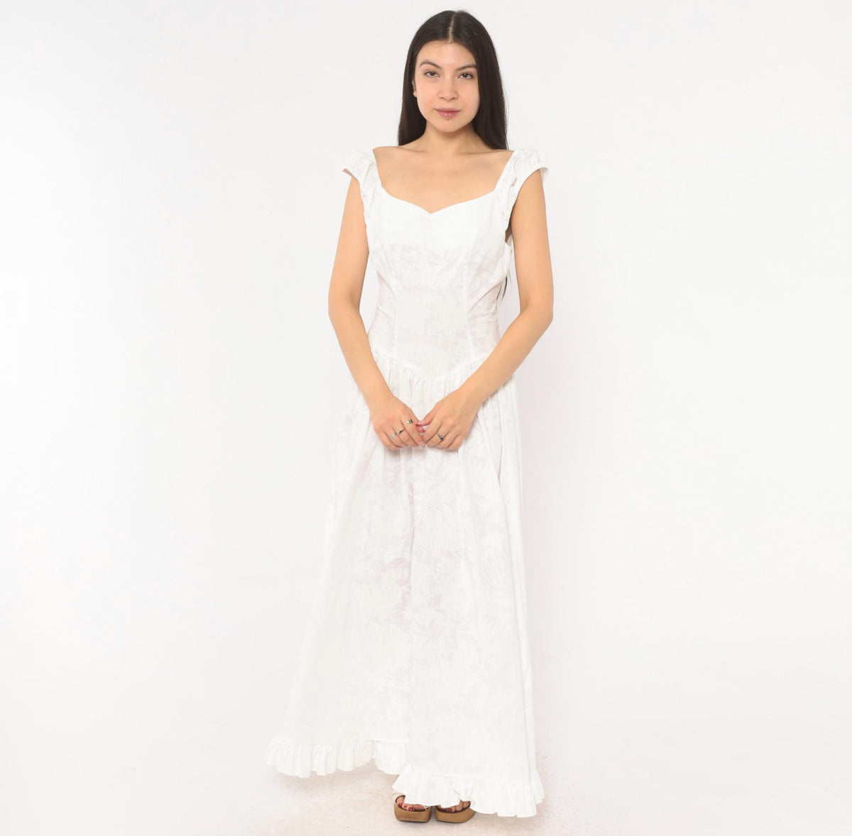 80s White Cotton Maxi Dress Sweetheart Neckline Basque Waist Floral Extra Small