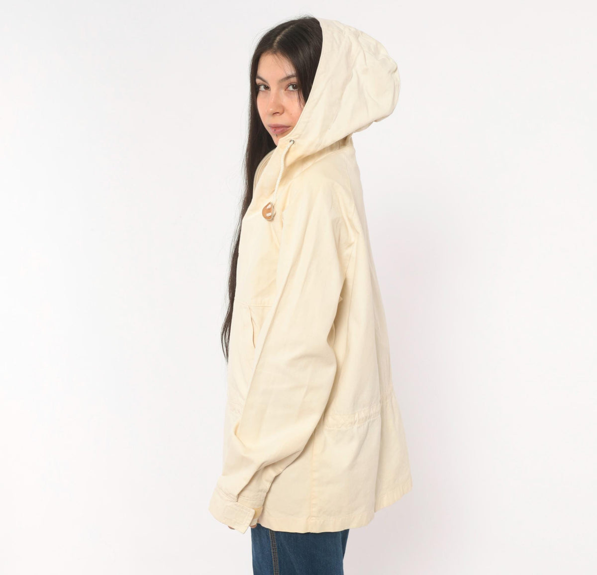 80s Woolrich Cream Cotton Anorak Half-Zip Hooded Pullover Jacket Medium