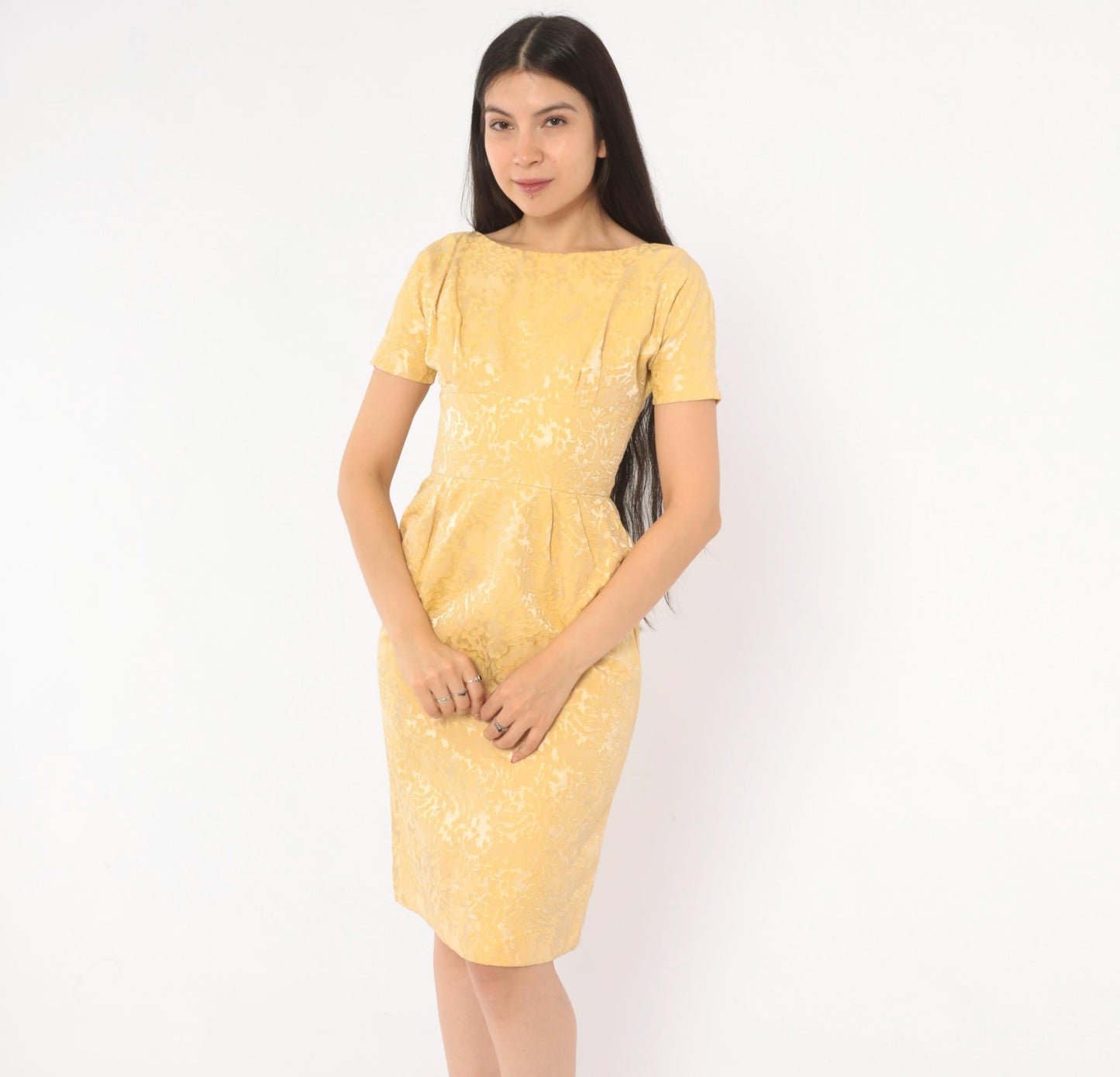 60s Gold Jacquard Sheath Dress Boat Neck Brocade Pencil Skirt Extra Small XS