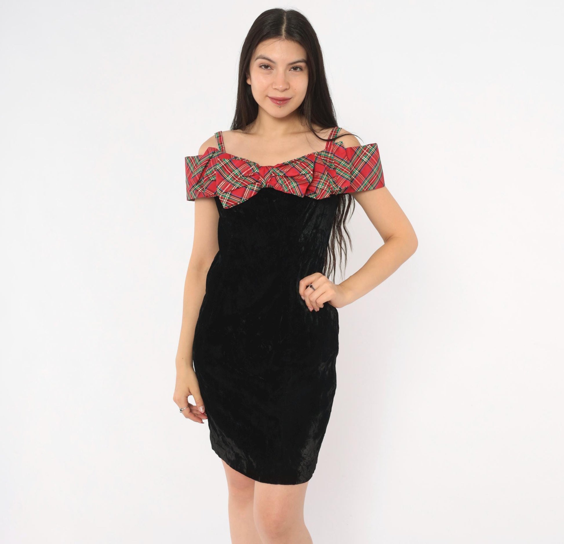90s Badge Black Crushed Velvet Mini Dress Red Tartan Ruffle Off-Shoulder Extra Small XS