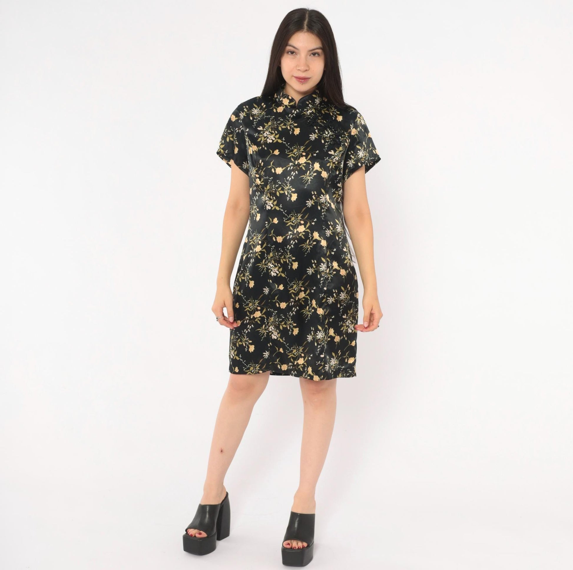 90s Dby Cheongsam Dress Black Gold Floral Brocade Mandarin Collar Mini Medium M