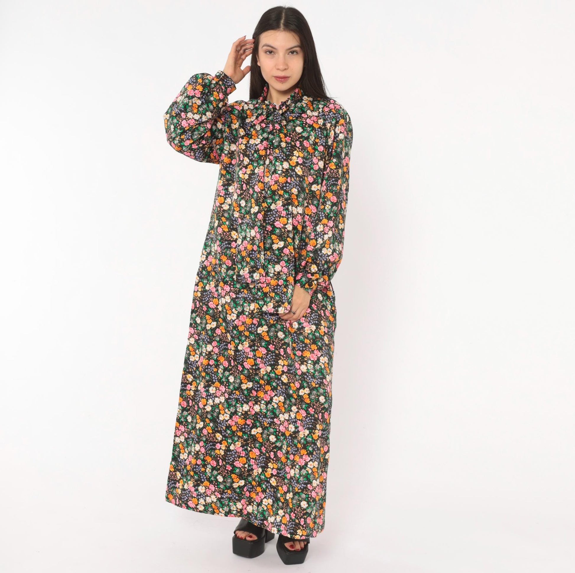 70s Atkins Black Floral Maxi Dress Bell Sleeve Bow Neck Garden Print Medium M