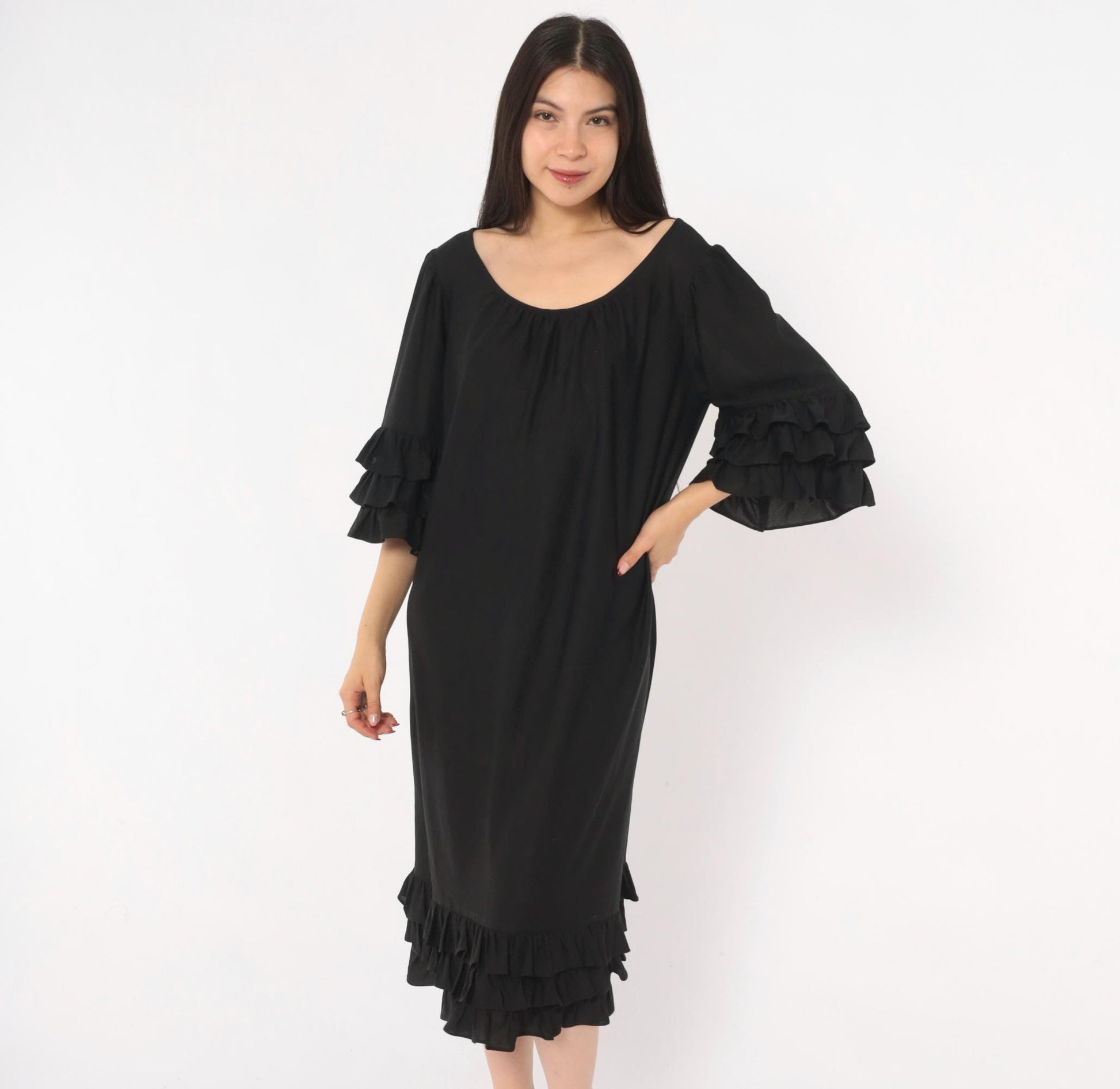 70s Black Midi Dress Ruffle Sleeve Tiered Hem Pullover Large L