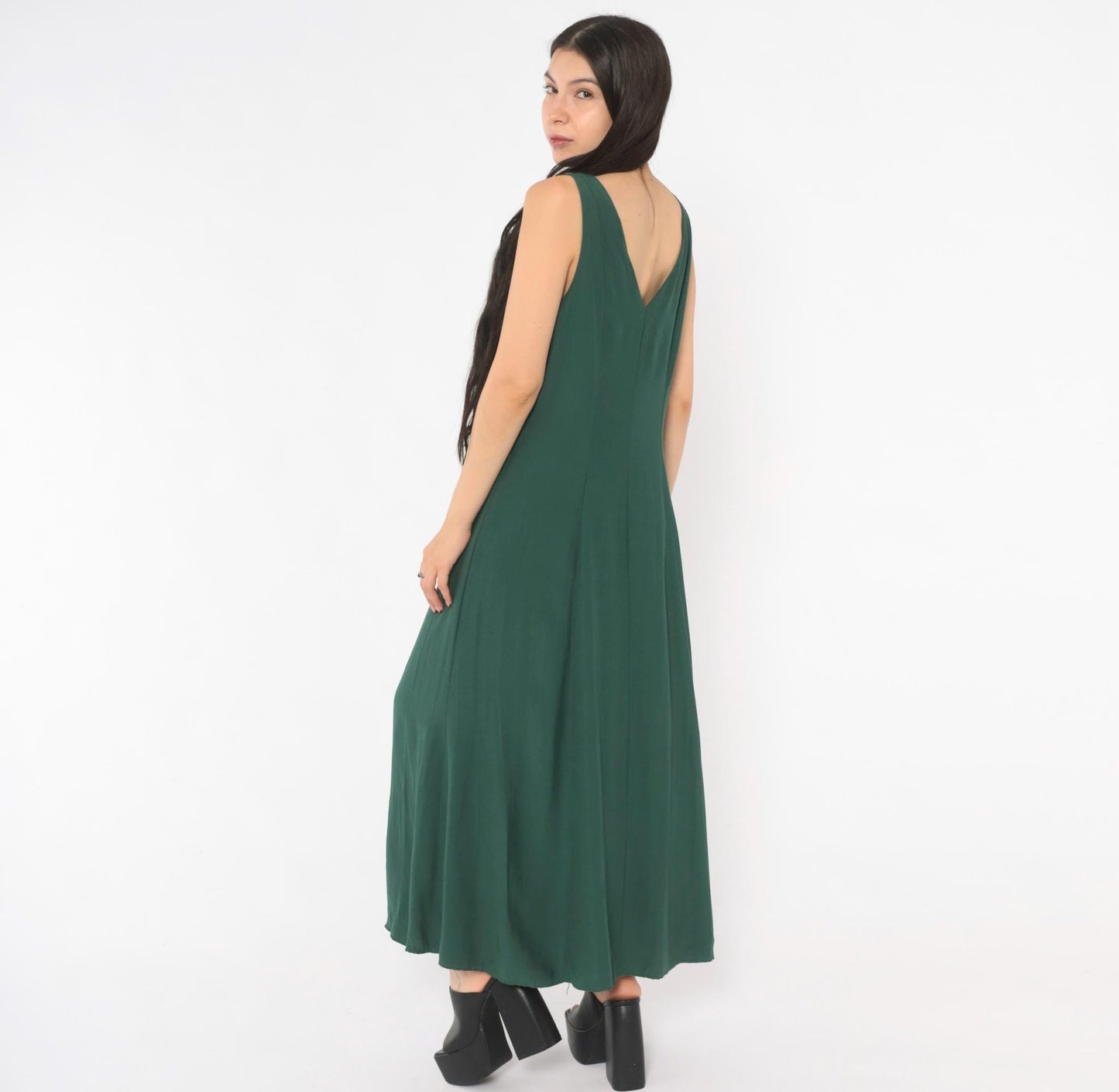 90s Olive Green Maxi Dress Sleeveless V Neck A Line Fitted Waist Medium M