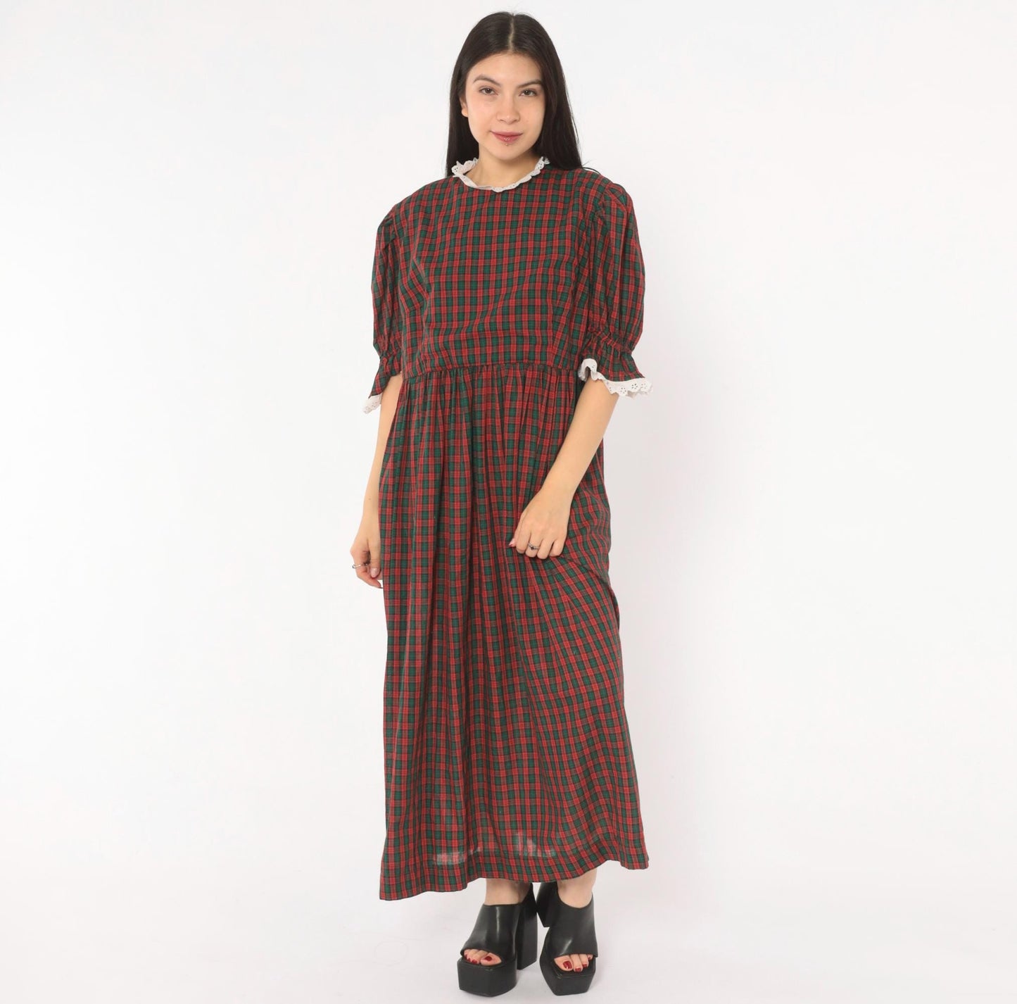 90s Red Green Tartan Maxi Dress Puff Sleeve Eyelet Lace Cotton Large L