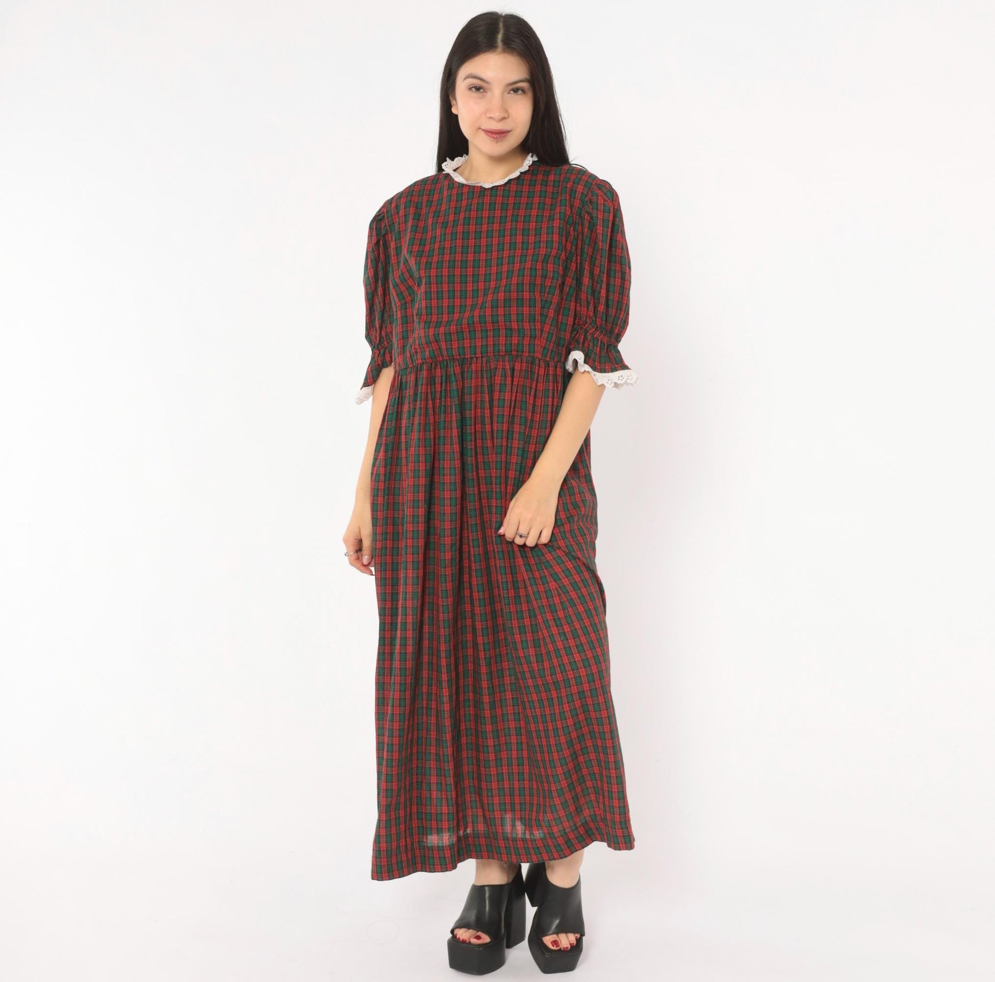 90s Red Green Tartan Maxi Dress Puff Sleeve Eyelet Lace Cotton Large L