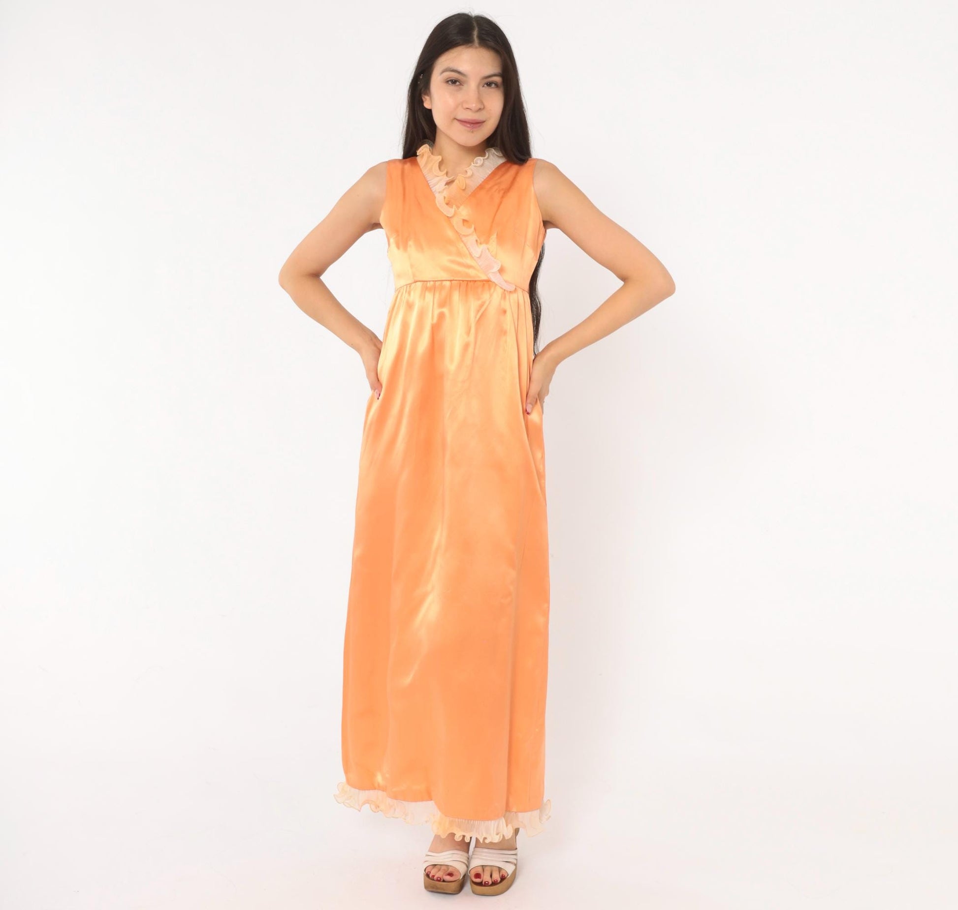 70s Peach Satin Nightgown Surplice V Neck Ruffle Lace Maxi Slip Extra Small XS