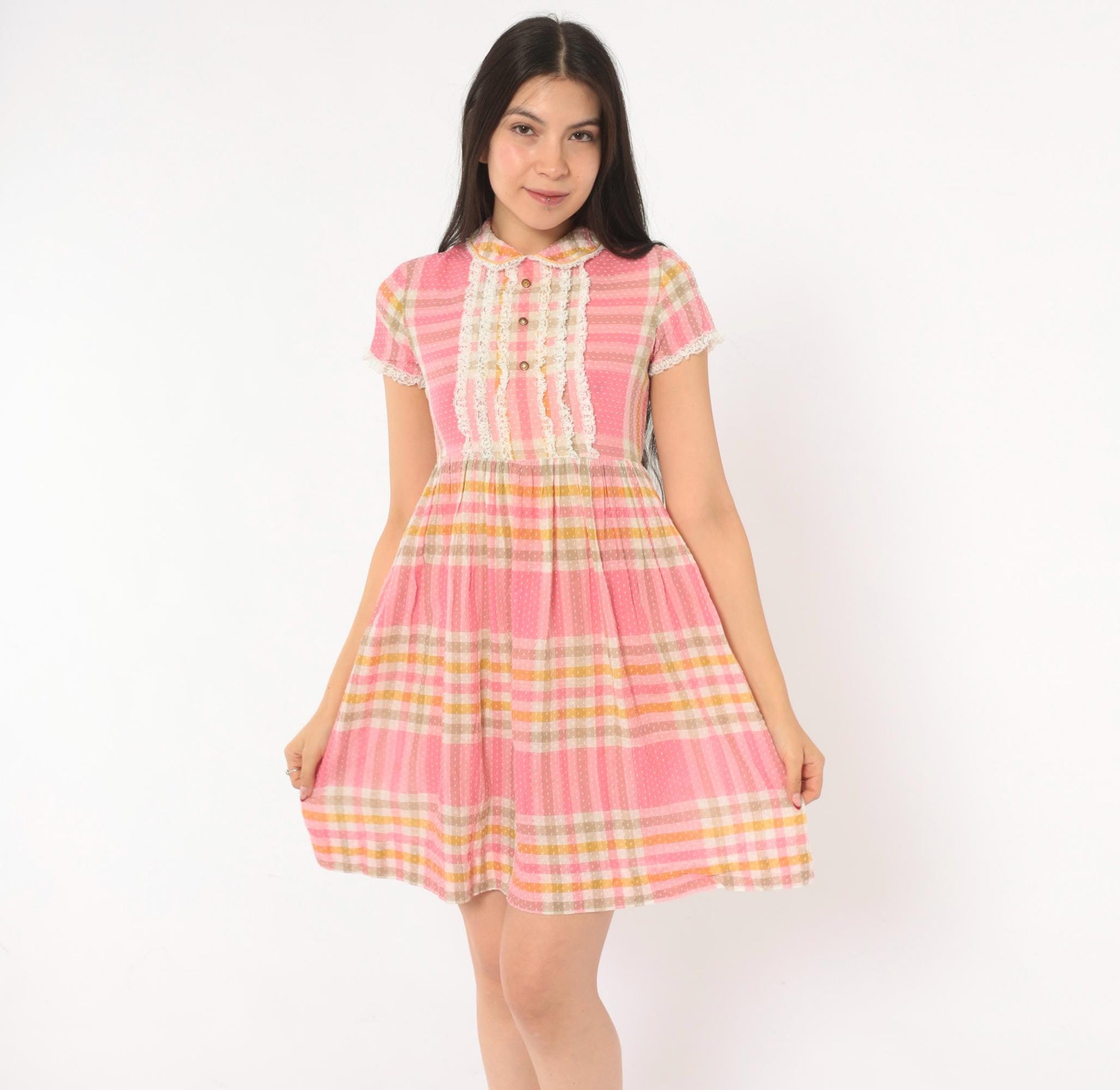 70s Pink Plaid Babydoll Dress Peter Pan Collar Lace Bib Mini XXS