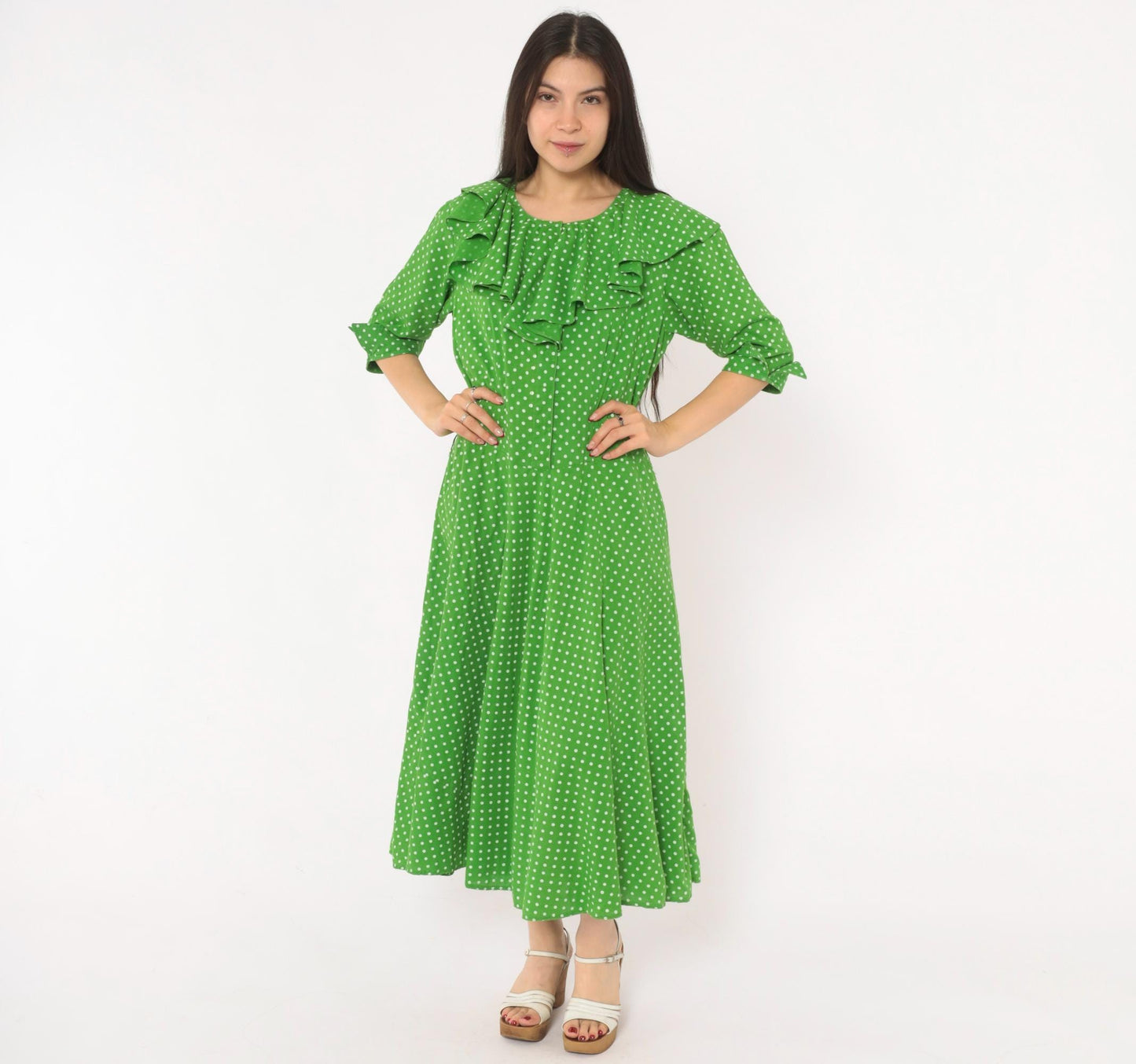 2000s Green White Polka Dot Cotton Midi Dress Ruffle Collar Puff Sleeve Large L