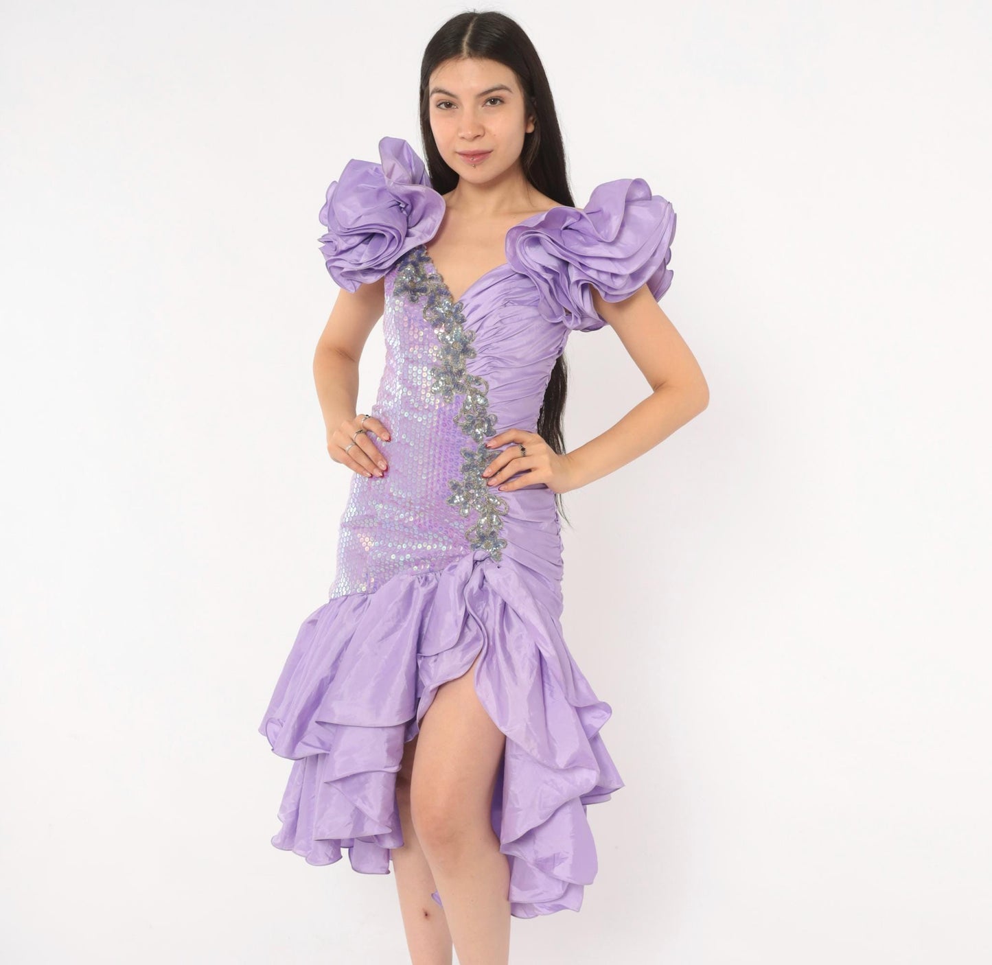 80s Alyce Designs Lilac Sequin Prom Dress Sweetheart Neckline Mermaid Hem Extra Small XS