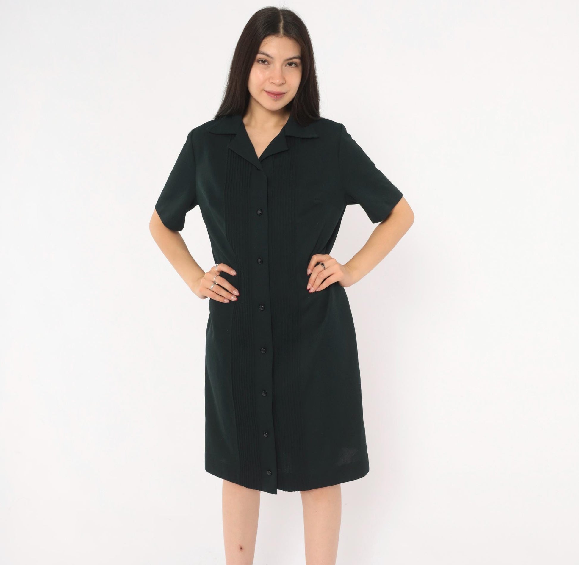 70s Black Pintuck Shirtdress Button Front Notched Collar Knee Length Large L