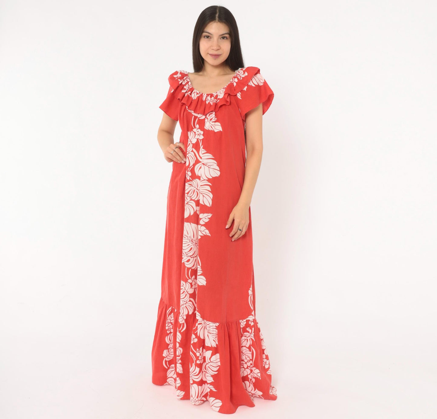80s Hilo Hattie Hawaiian Muumuu Red Monstera Floral Maxi Dress Large