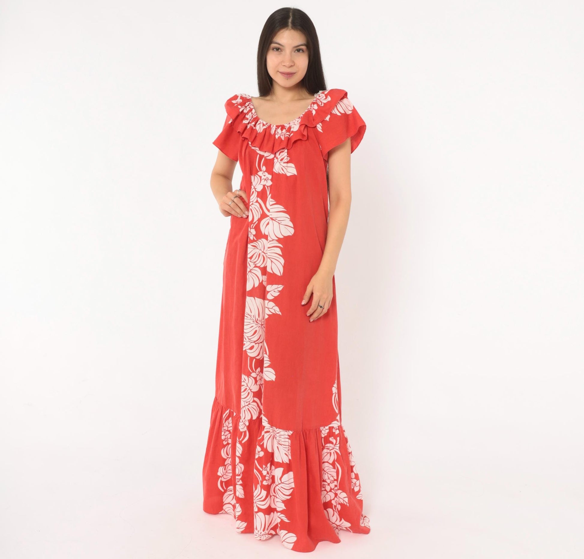80s Hilo Hattie Hawaiian Muumuu Red Monstera Floral Maxi Dress Large