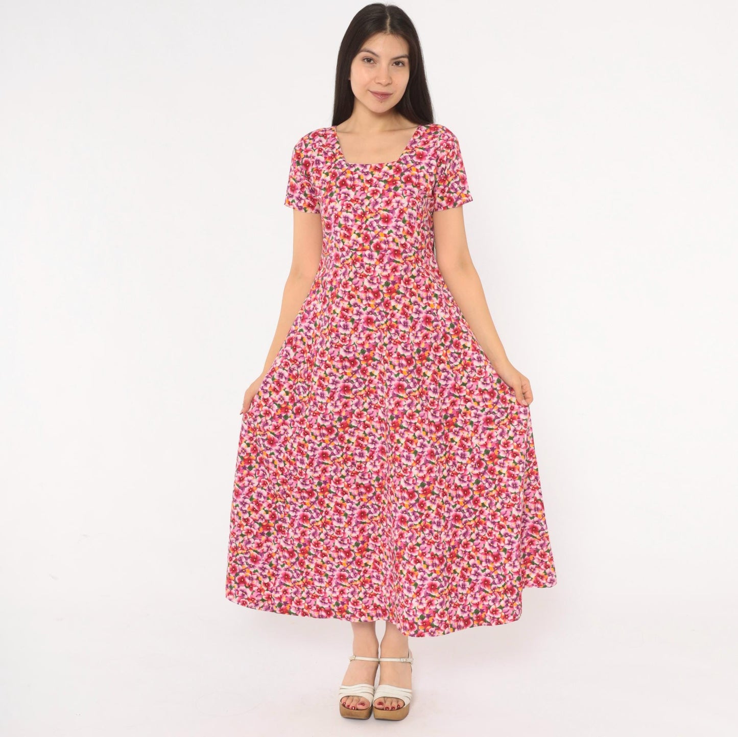 90s Pink Purple Floral Maxi Dress Cotton Scoop Neck A-Line Small