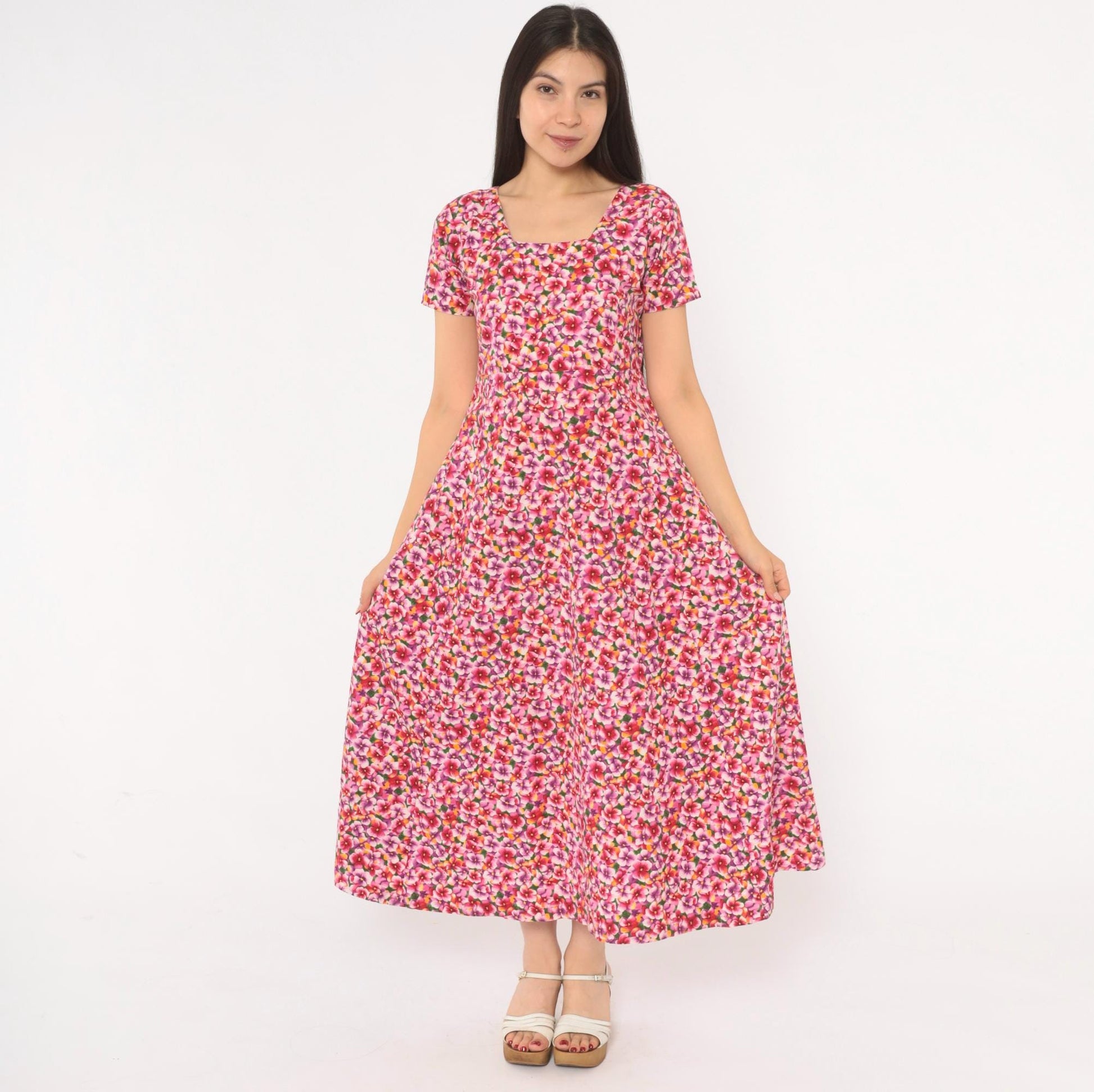 90s Pink Purple Floral Maxi Dress Cotton Scoop Neck A-Line Small