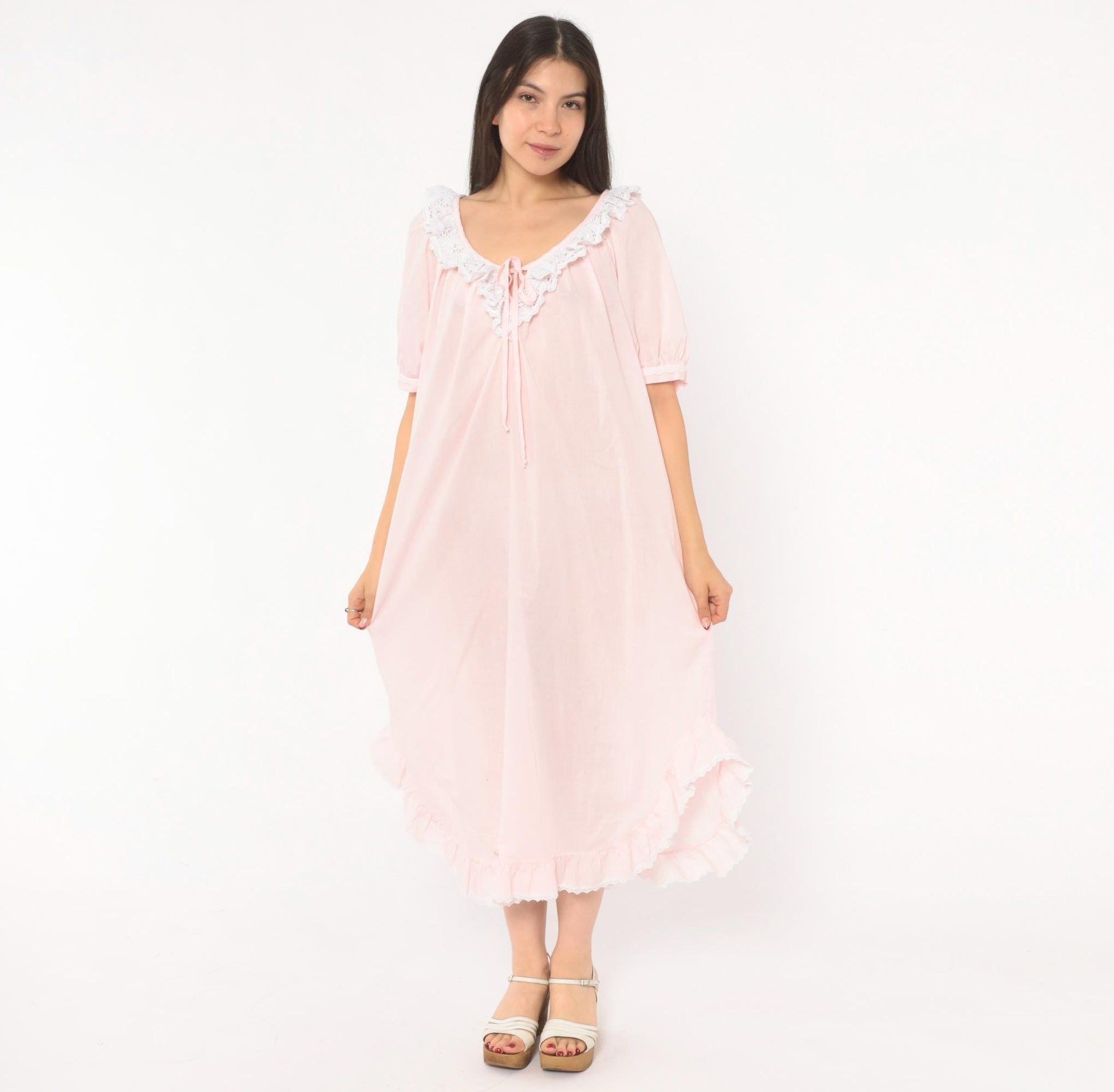 90s Apostrophe Pink Lace Nightgown Puff Sleeve Tie Front Medium M