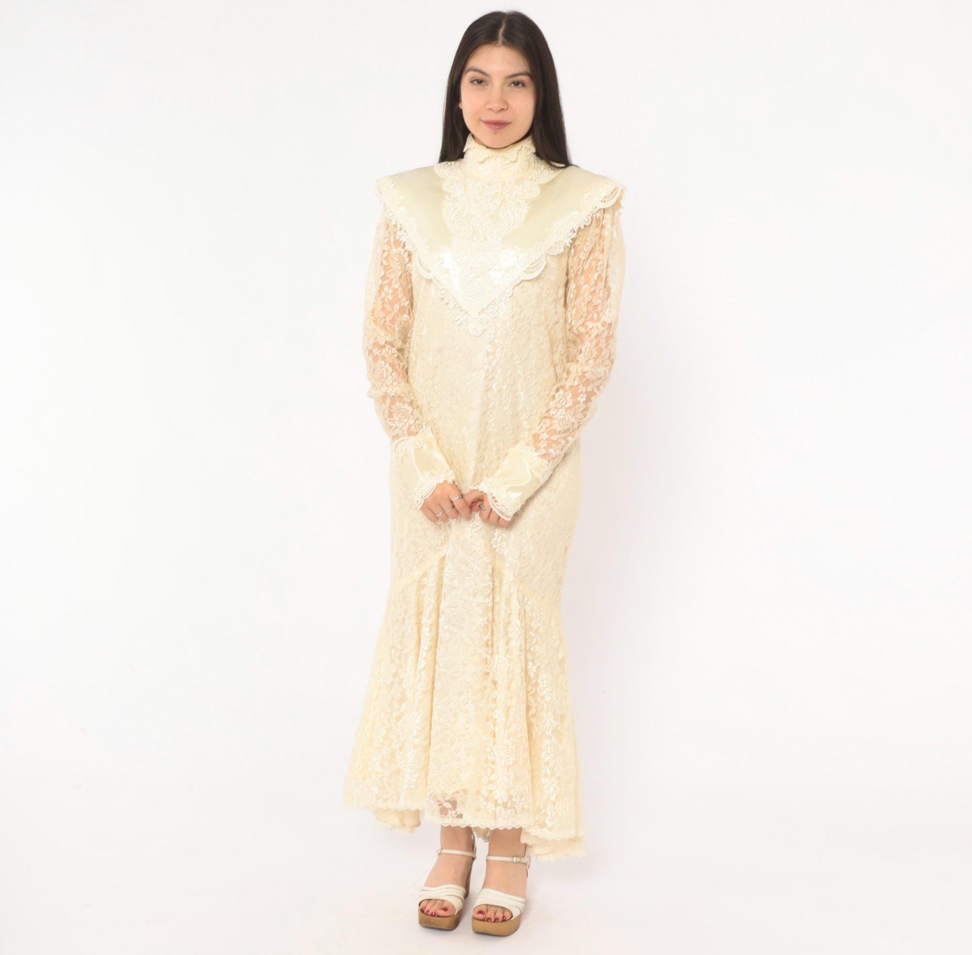 80s Jessica Mclintock Cream Lace Mermaid Wedding Dress High Neck Satin Bib Medium M