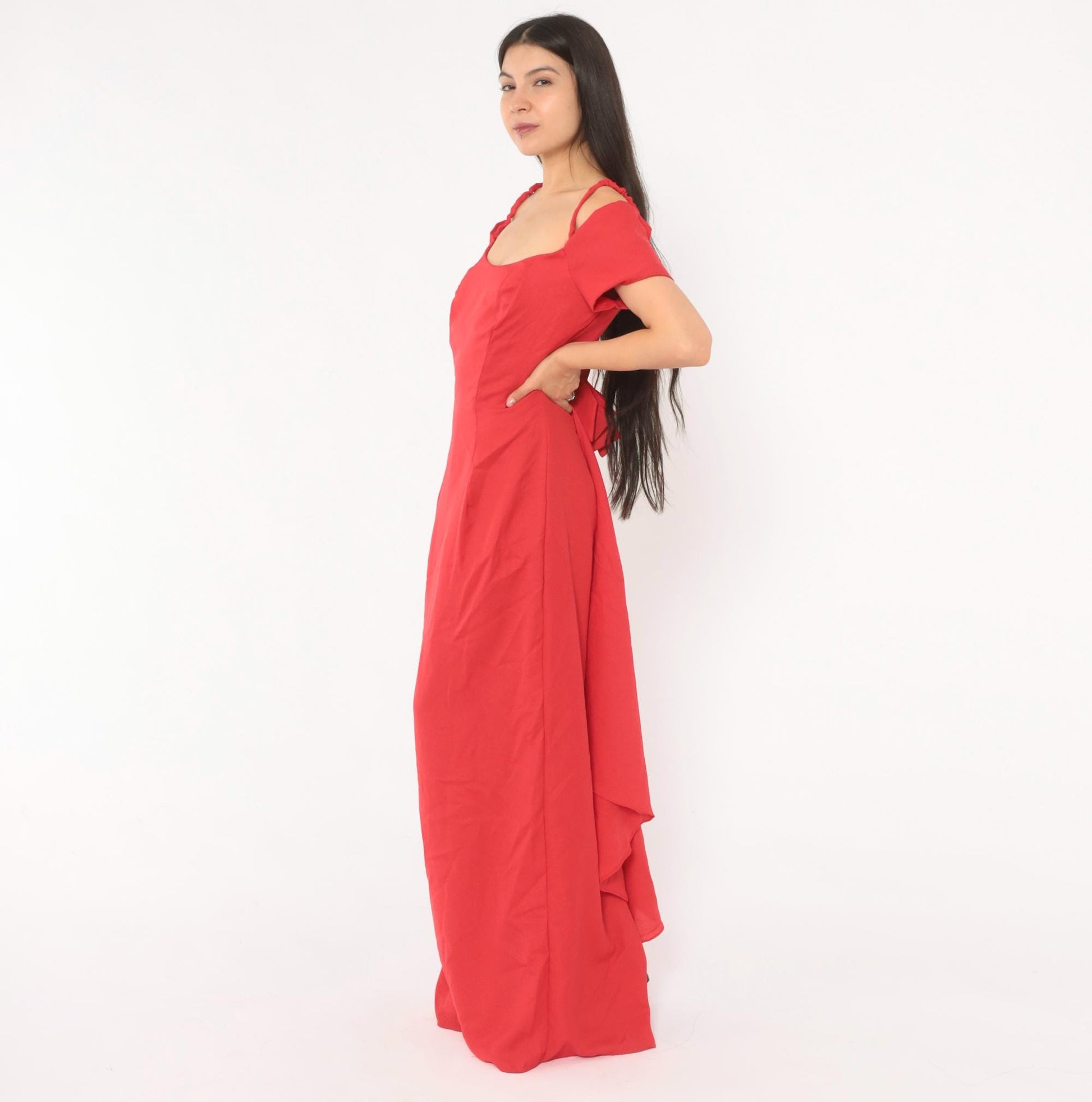 90s Red Off-Shoulder Maxi Gown Spaghetti Strap Bow Back Medium M