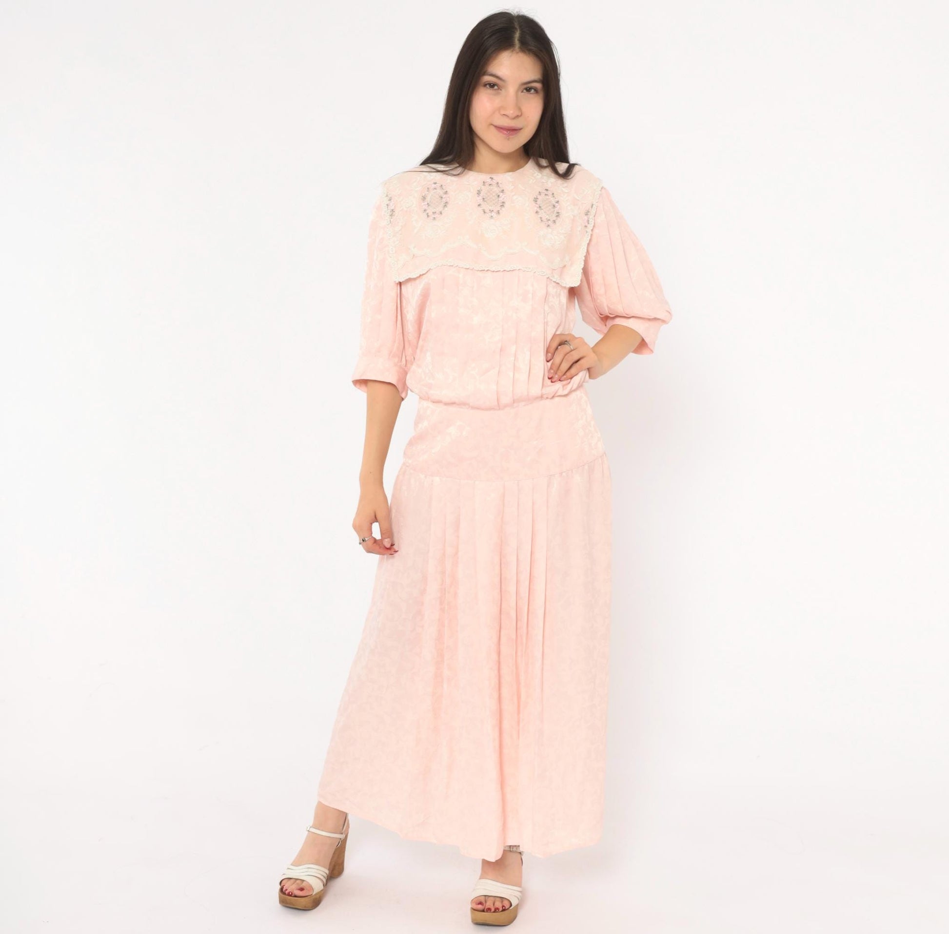 80s Nilani Blush Pink Maxi Dress Lace Cape Collar Floral Jacquard Small