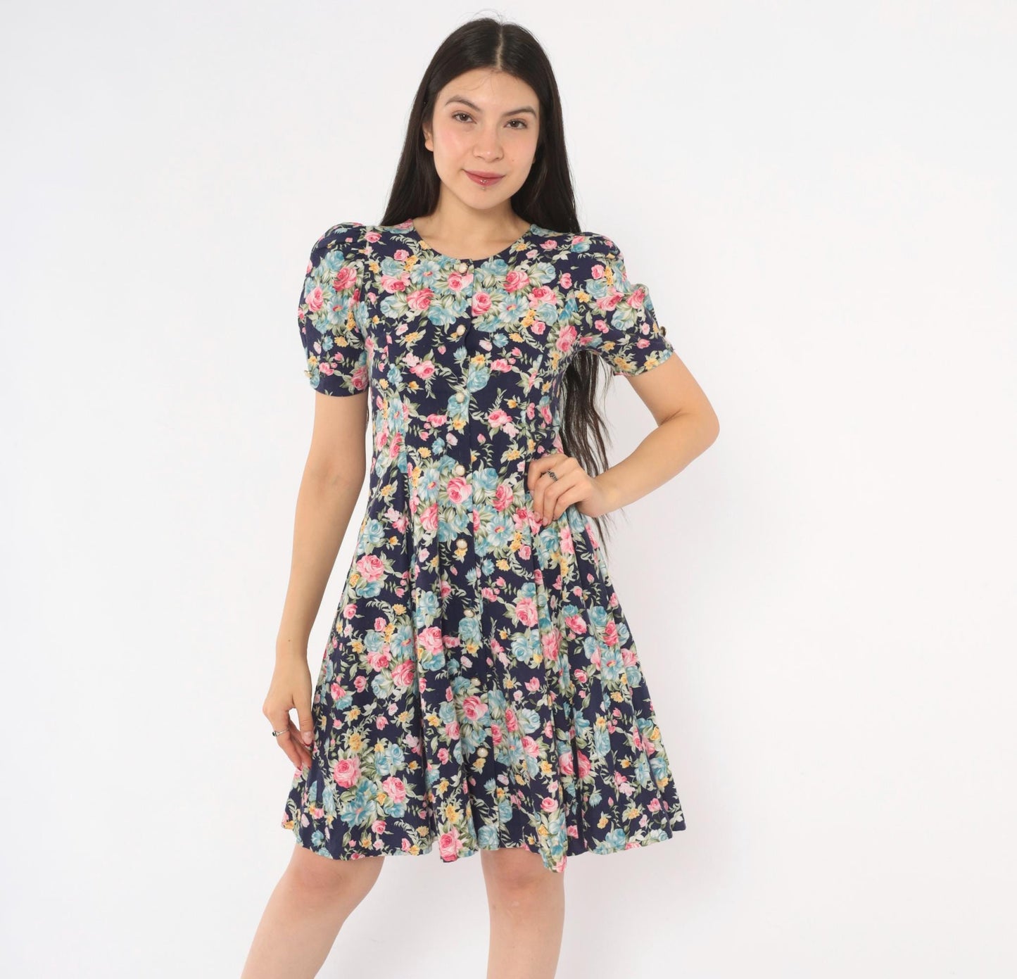 90s Sweet Soda Floral Mini Dress Navy Puff Sleeve Lace-Up Cotton XXS