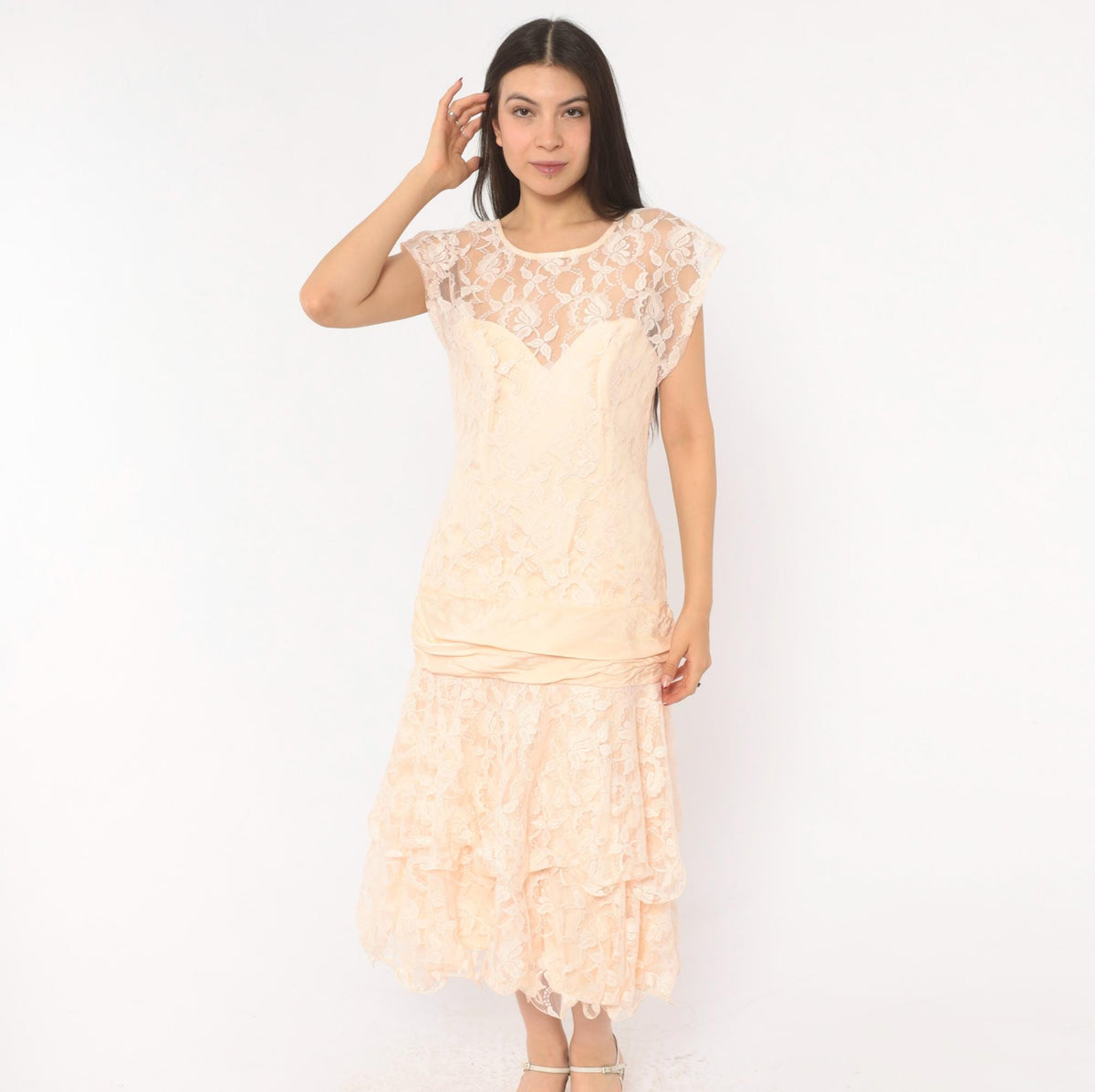 80s Peach Lace Midi Dress Drop Waist Sweetheart Neckline Cap Sleeve Small S