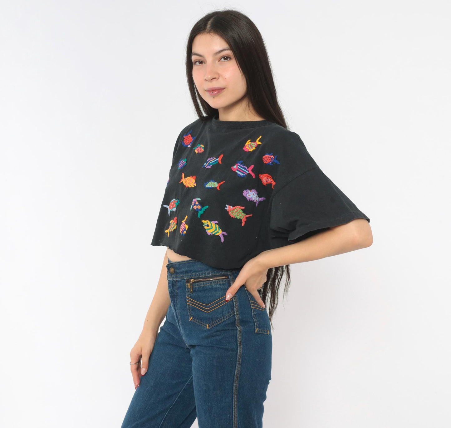 90s Las Manos Embroidered Fish Crop Top Black Cotton Rainbow Tropical Medium