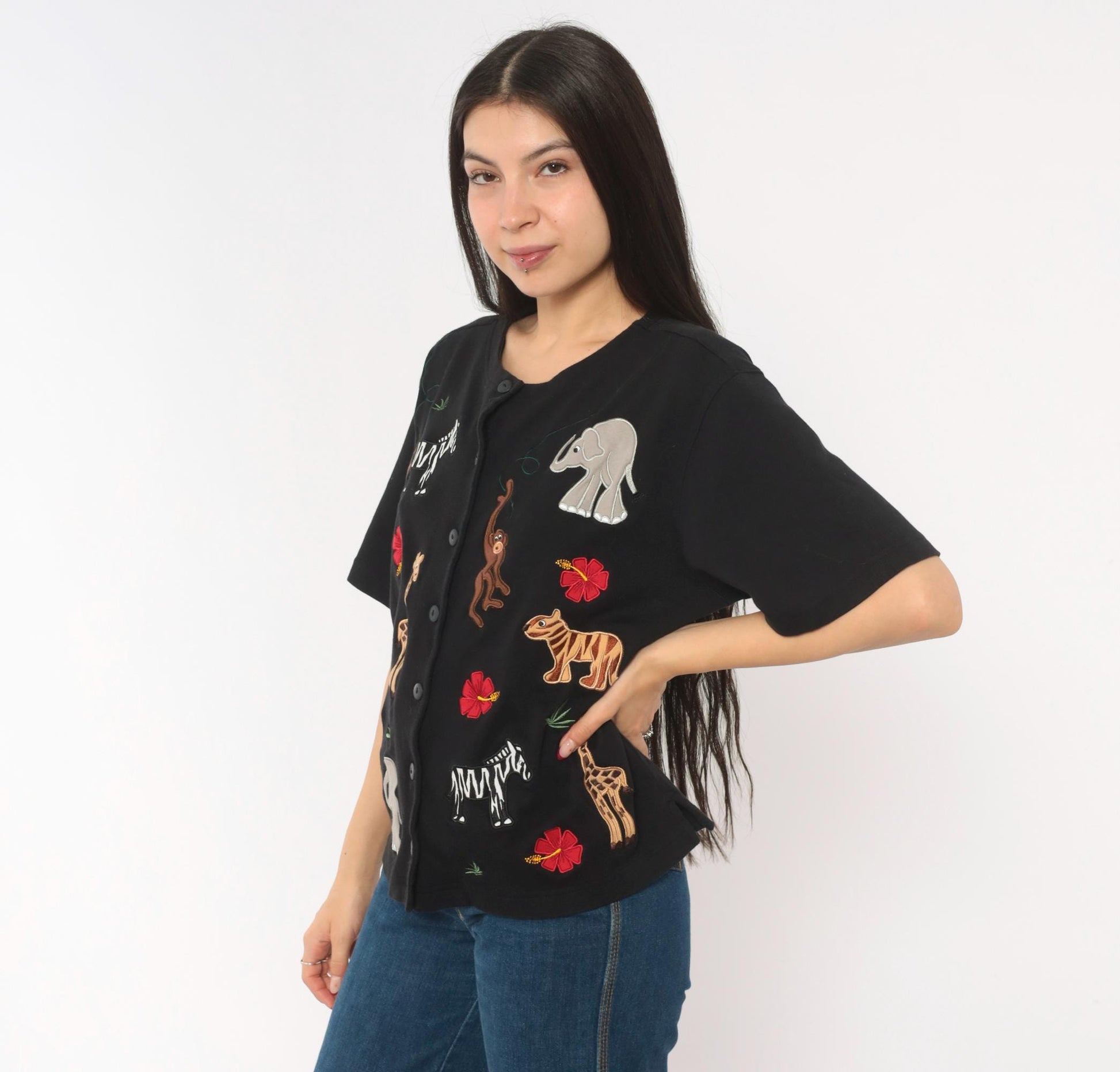 90s Bechamel Safari Animal Applique Cardigan Black Cotton Button Front Large L
