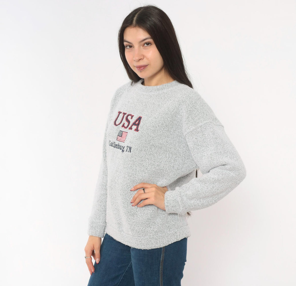 90s Gatlinburg Tennessee USA Flag Embroidered Grey Knit Pullover Medium M