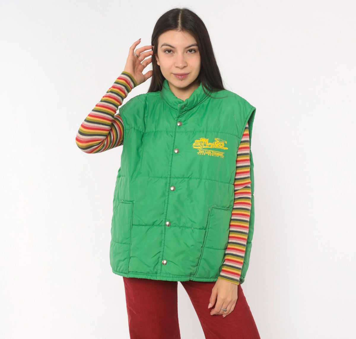 80s Green Puffer Vest San Luis Transport Graphic Snap Front Quilted Medium