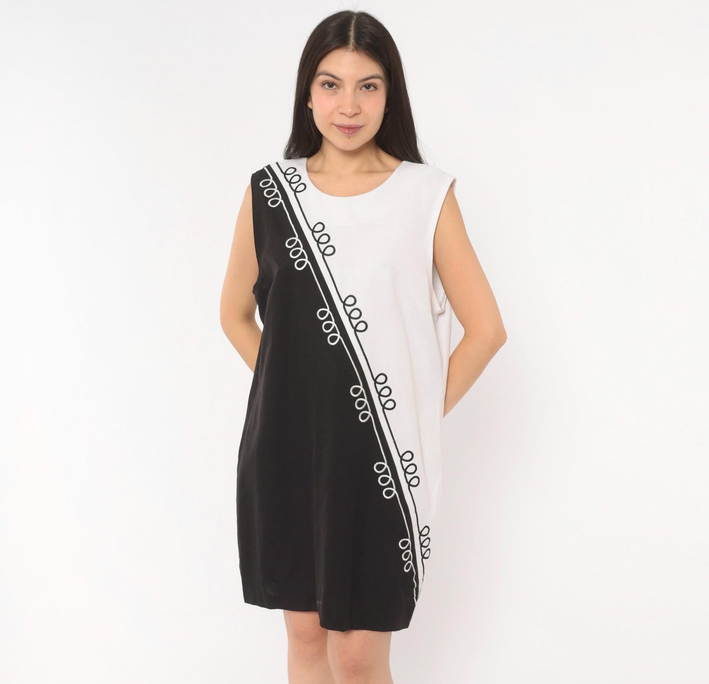 90s Sunshine Starshine Black White Colorblock Shift Dress Scoop Neck Large L