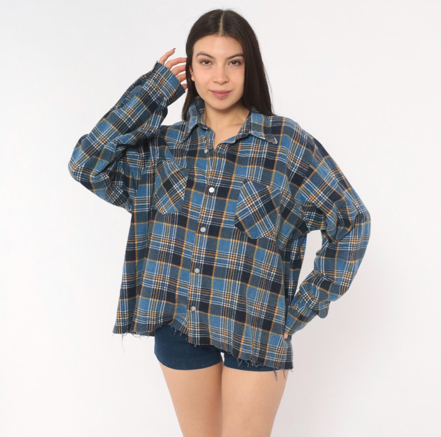 90s Montgomery Ward Flannel Shirt Blue Plaid Cotton Distressed Large L