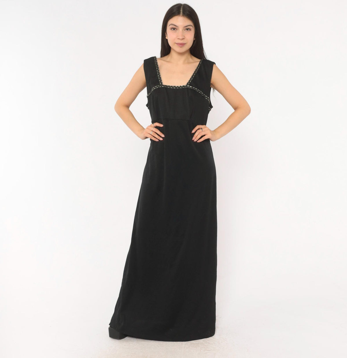 70s Black Maxi Dress Empire Waist Square Neckline Silver Braided Trim Extra Large