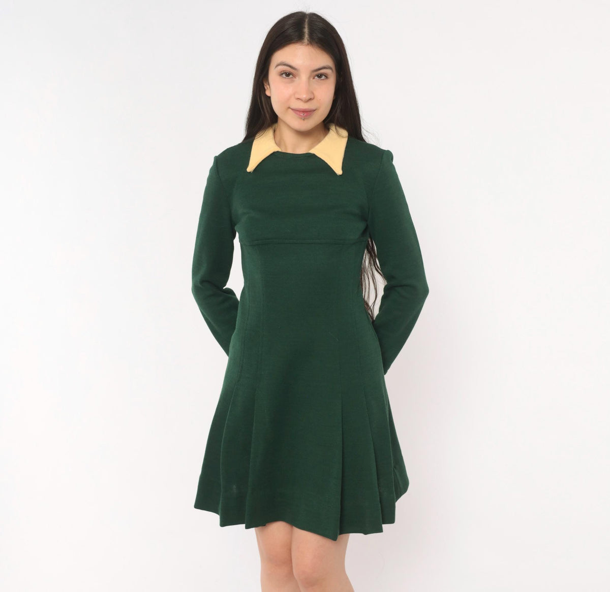 1960s Mod Mini Dress Olive Wool Pointed Collar Cream Long Sleeve Small