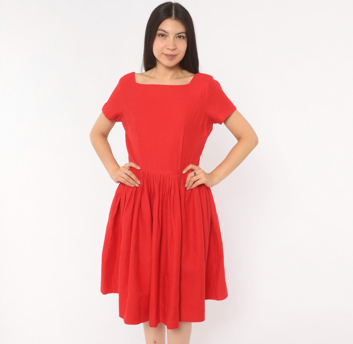60s Frolic Time California Red Fit And Flare Dress Square Neckline Small S