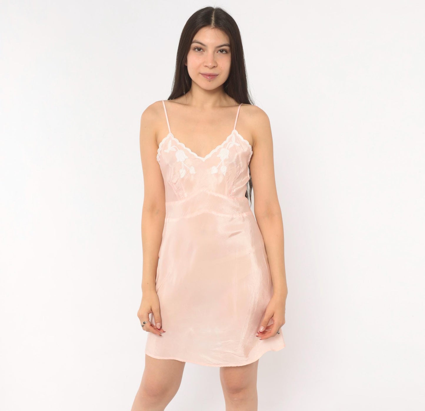 1950s Blush Pink Slip Dress Nylon Floral Embroidered Sweetheart Neckline Extra Small XS