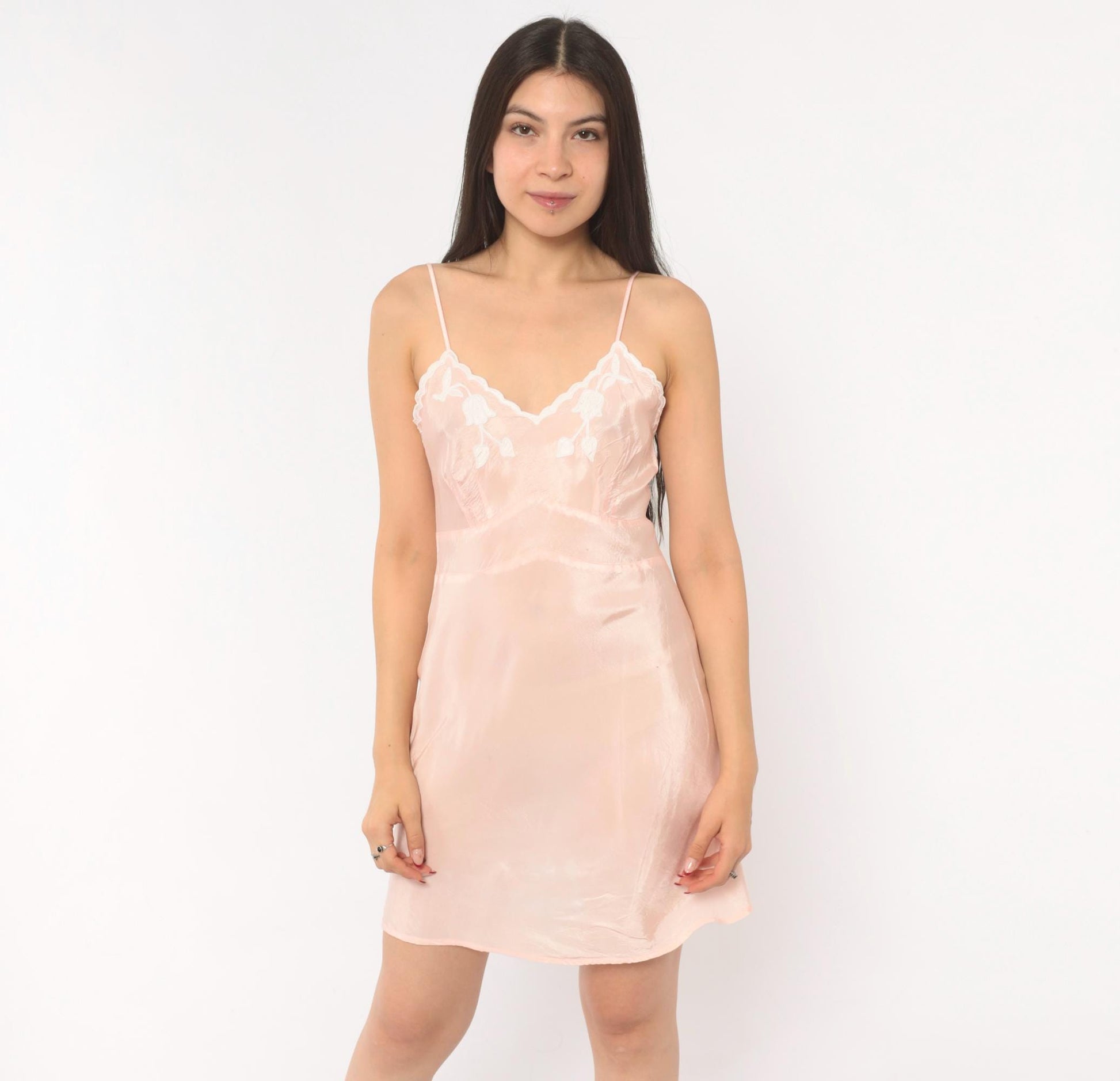 1950s Blush Pink Slip Dress Nylon Floral Embroidered Sweetheart Neckline Extra Small XS