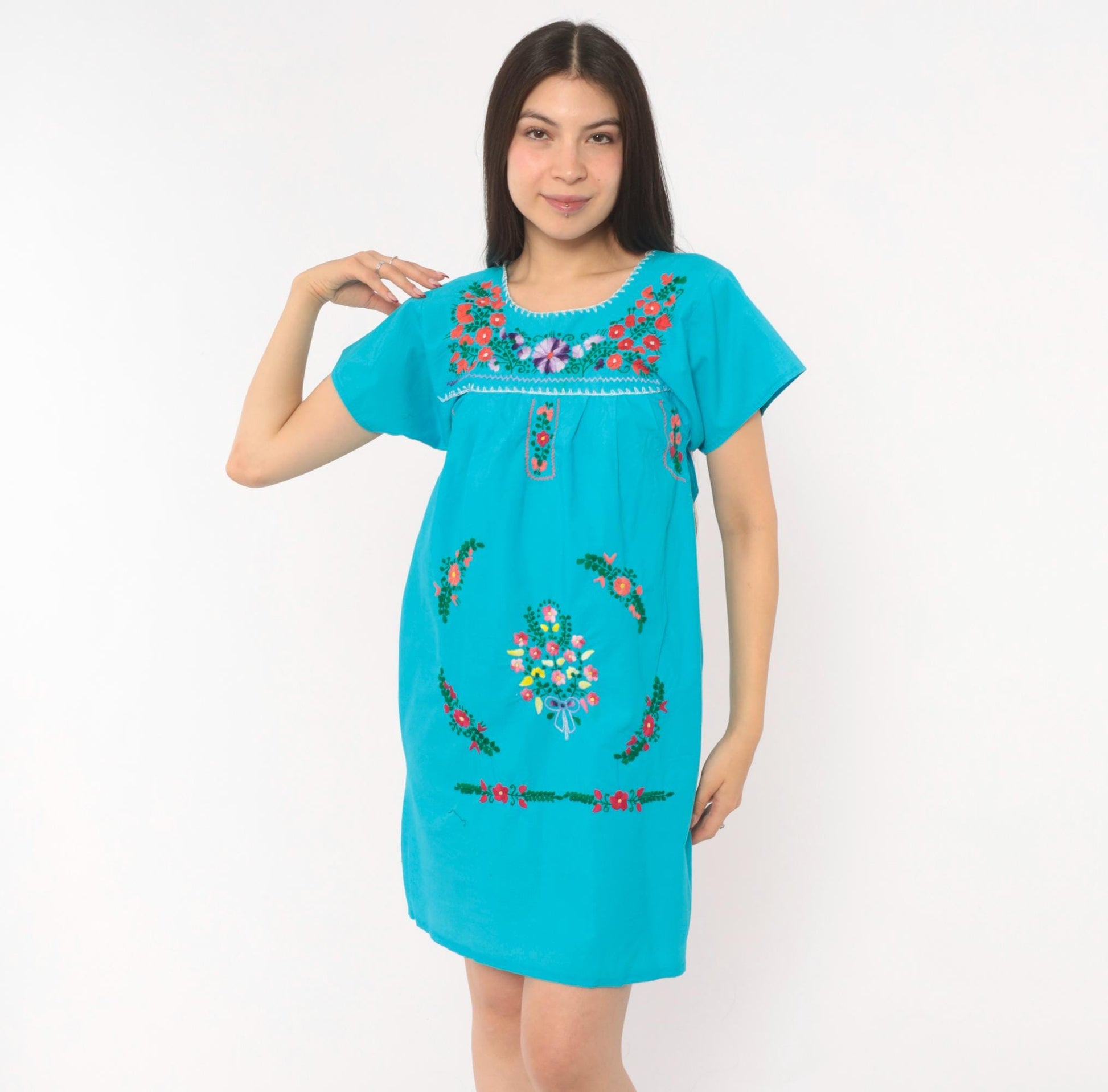1970s Mexican Puebla Embroidered Cotton Dress Turquoise Floral Mini Extra Small