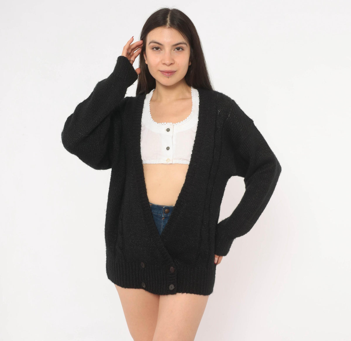 80s Black Double Breasted Cardigan Knit Sweater V Neck Medium M