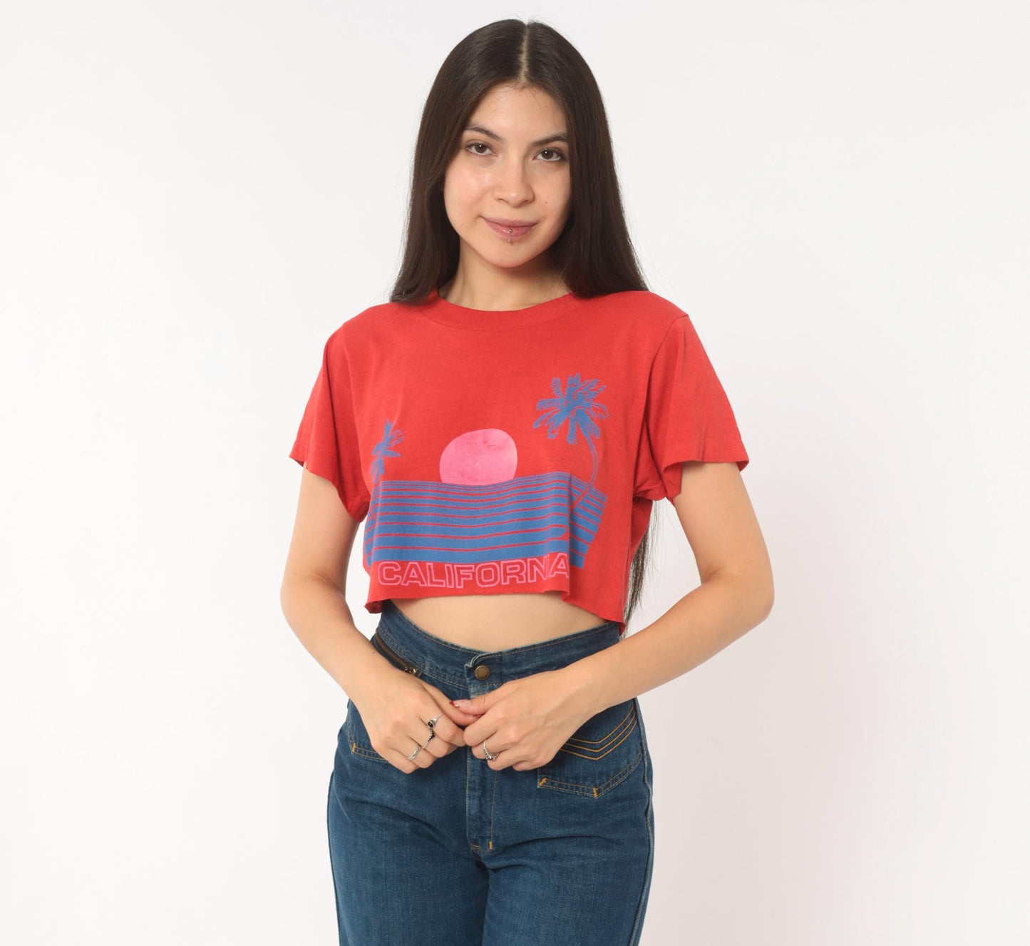 80s California Sunset Crop Top Red Graphic Tee Palm Tree Raglan Medium M