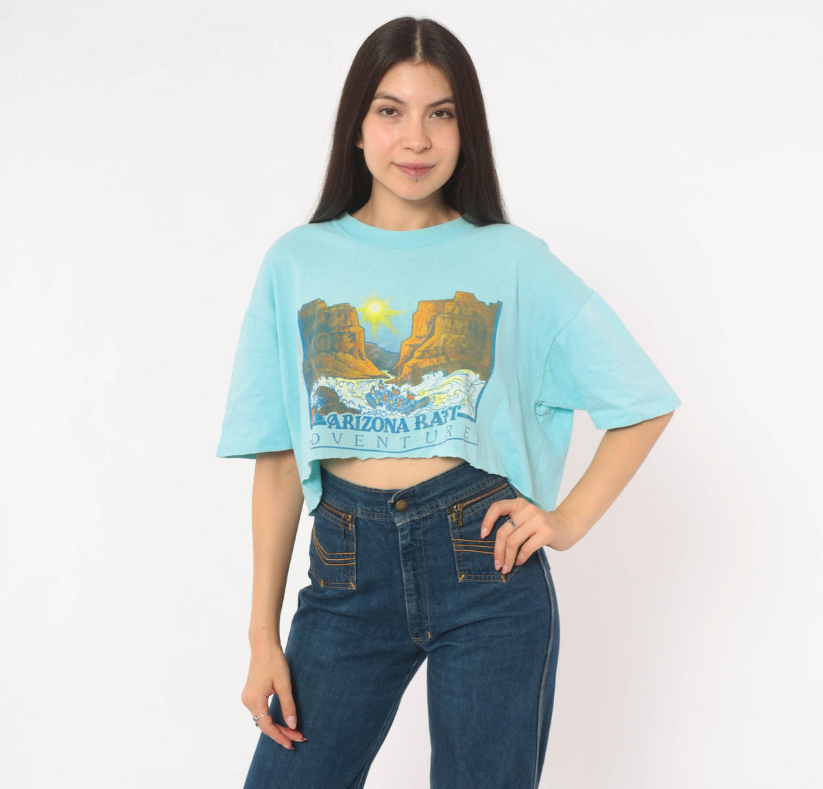 80s Arizona Raft Adventures Crop Top Light Blue Cotton Tee Stedman Medium