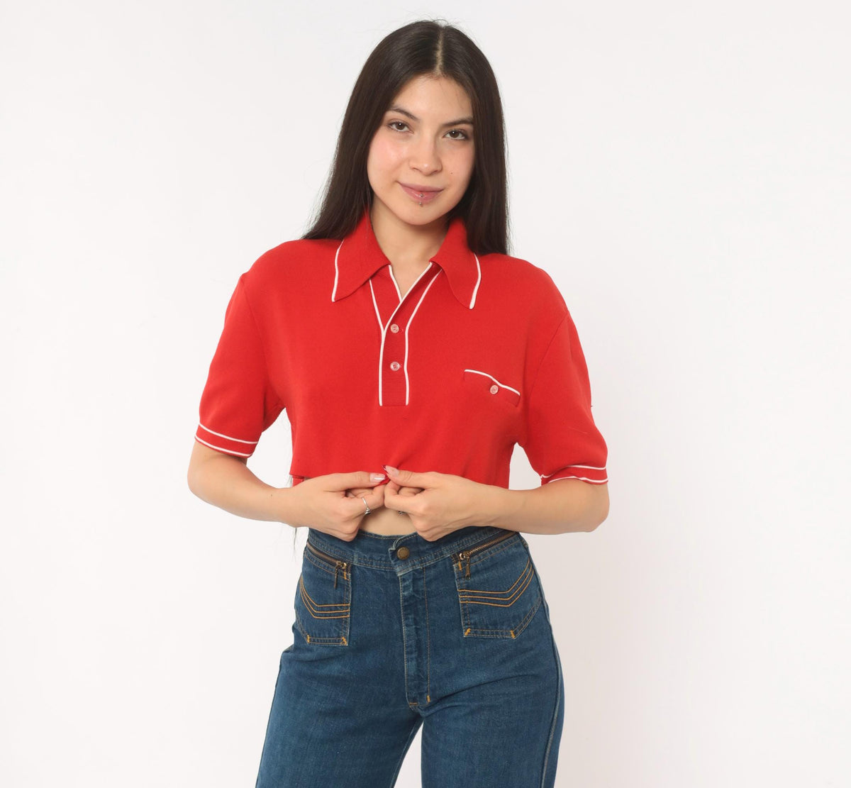 70s Red Cropped Polo White Piping Knit Top Button Front Medium M
