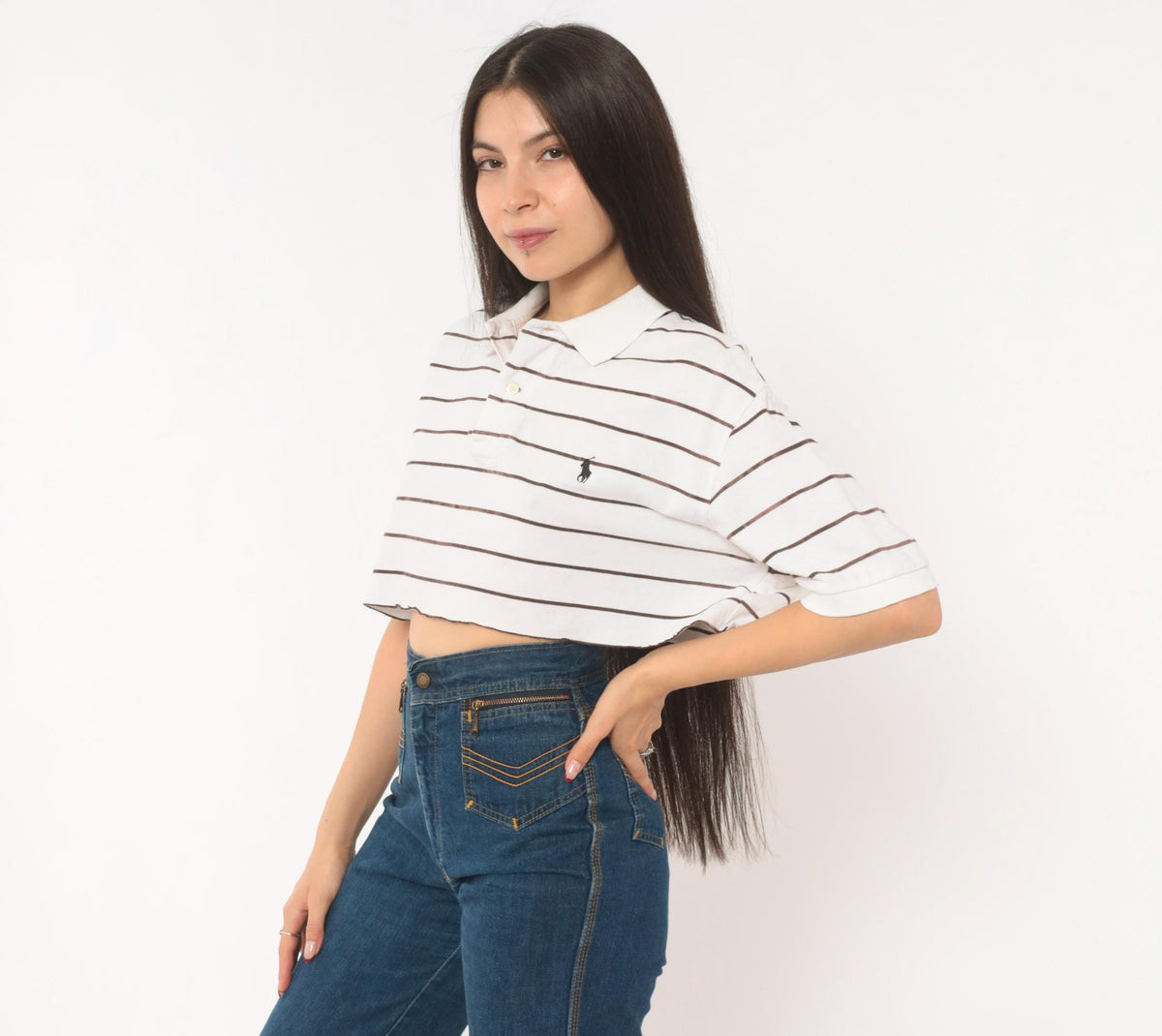 90s Polo Ralph Lauren Striped Cropped Polo Shirt White Brown Cotton Medium