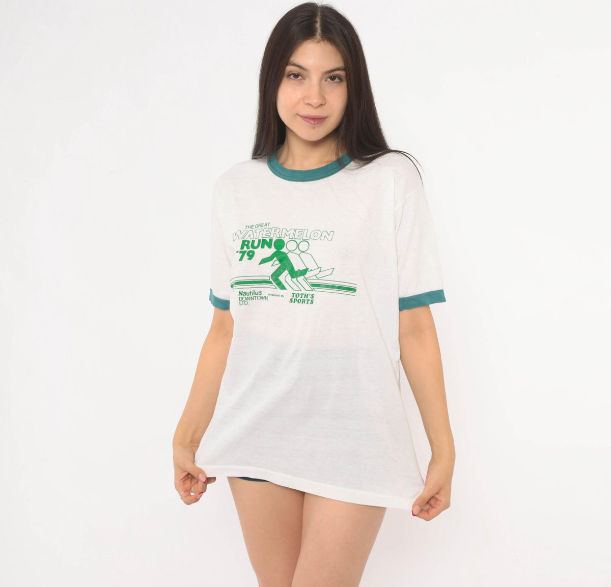 70s Watermelon Run Ringer Tee White Green Graphic Race Event Large L