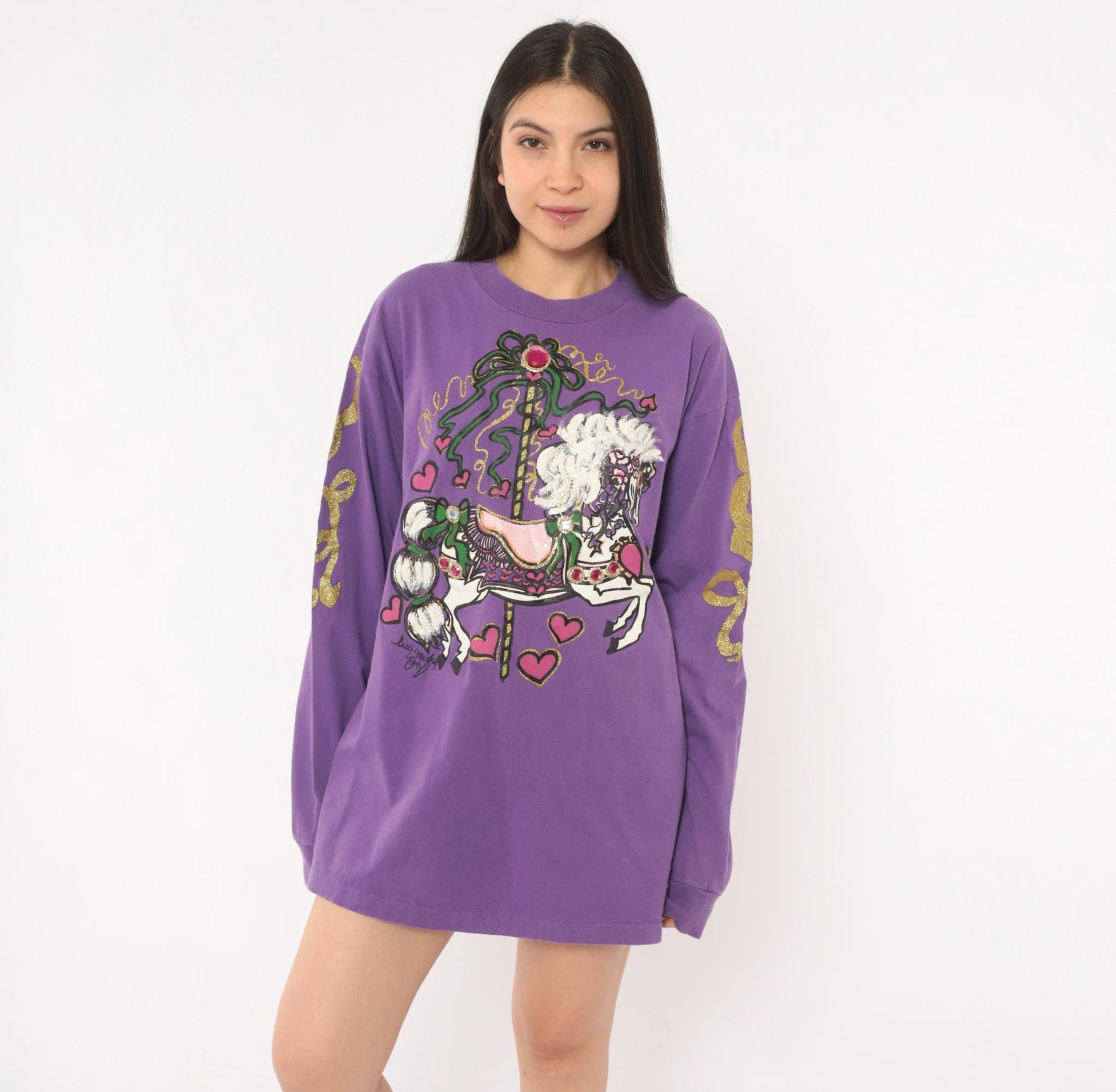 90s Anvil Carousel Horse Purple Glitter Long Sleeve Tee Extra Large