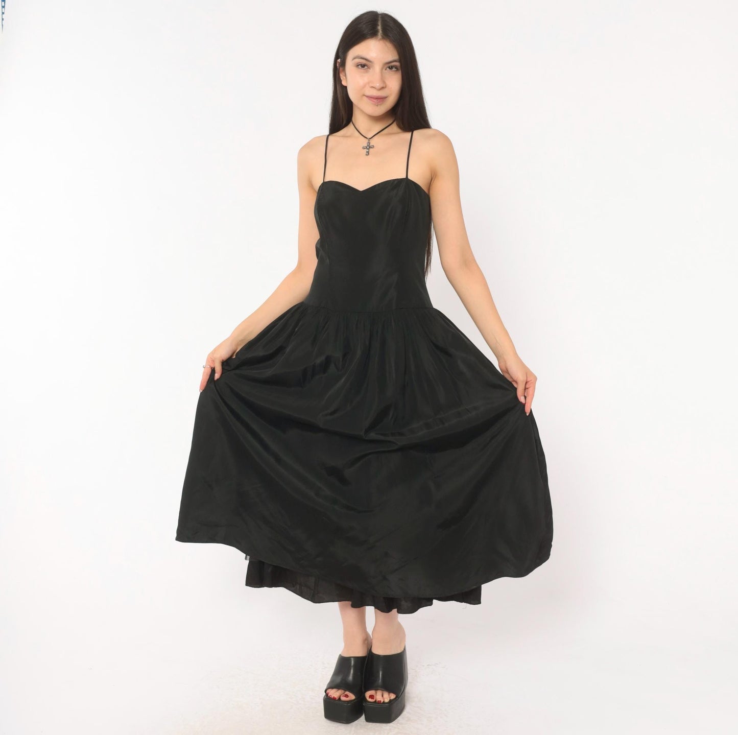 90s Black Sweetheart Midi Dress Spaghetti Strap Drop Waist Medium