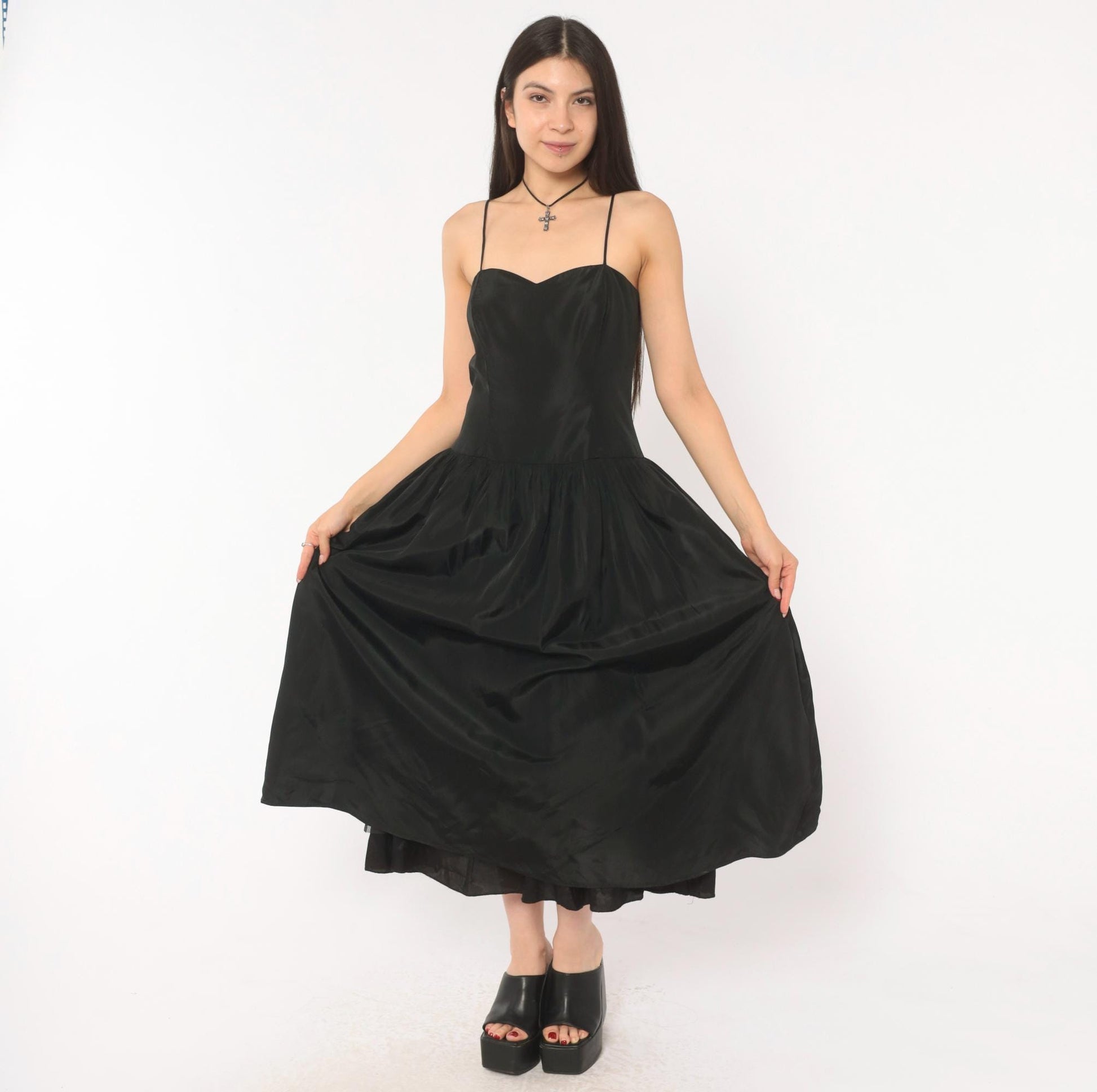 90s Black Sweetheart Midi Dress Spaghetti Strap Drop Waist Medium
