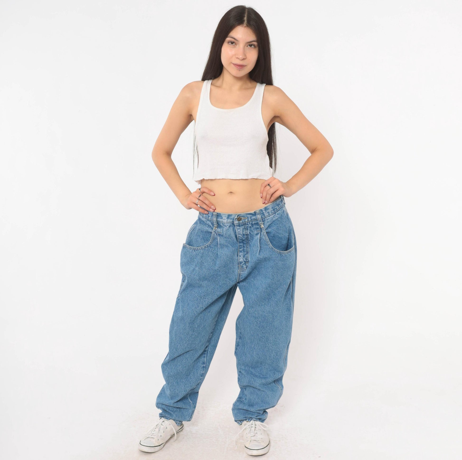 90s Brittania High-Waisted Baggy Jeans Medium Wash Tapered Leg Women's 33