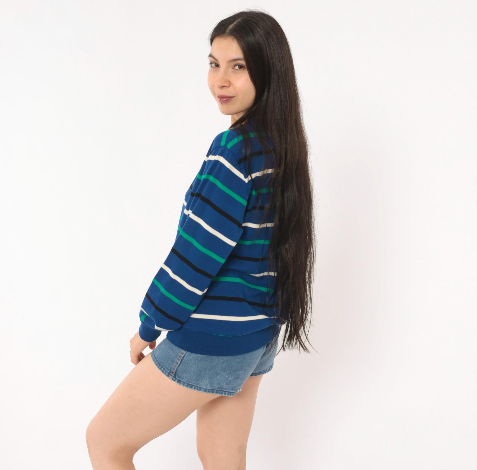 80s Alfred Dunner Striped V-Neck Sweater Cobalt Blue Cotton Knit Small